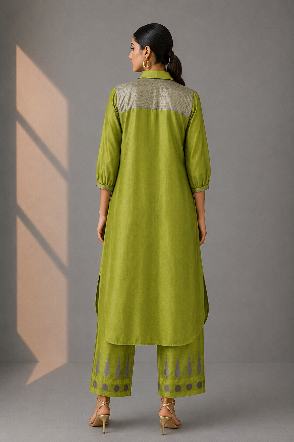Collared Long Shirt / Shirt Dress & Pants - Green