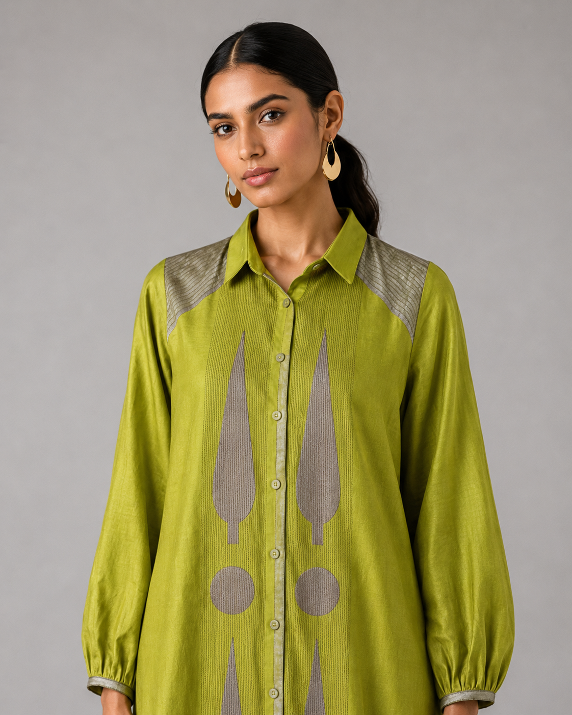 Collared Long Shirt / Shirt Dress - Green