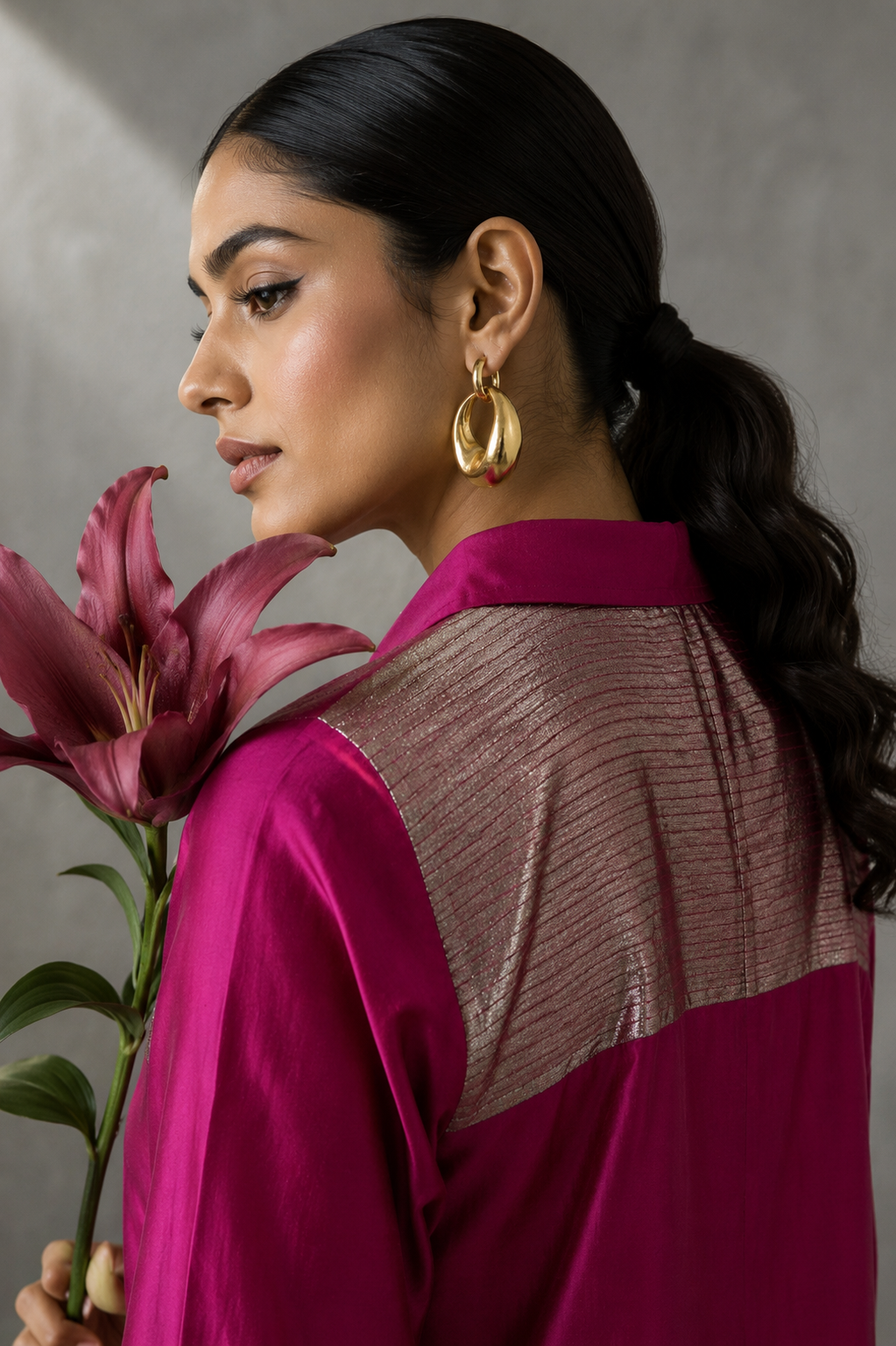 Collared Long Shirt / Shirt Dress - Fuchsia