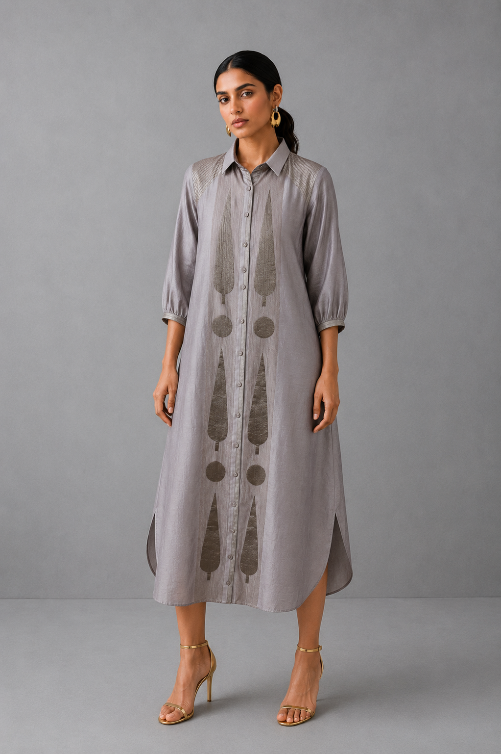 Collared Long Shirt / Shirt Dress - Grey