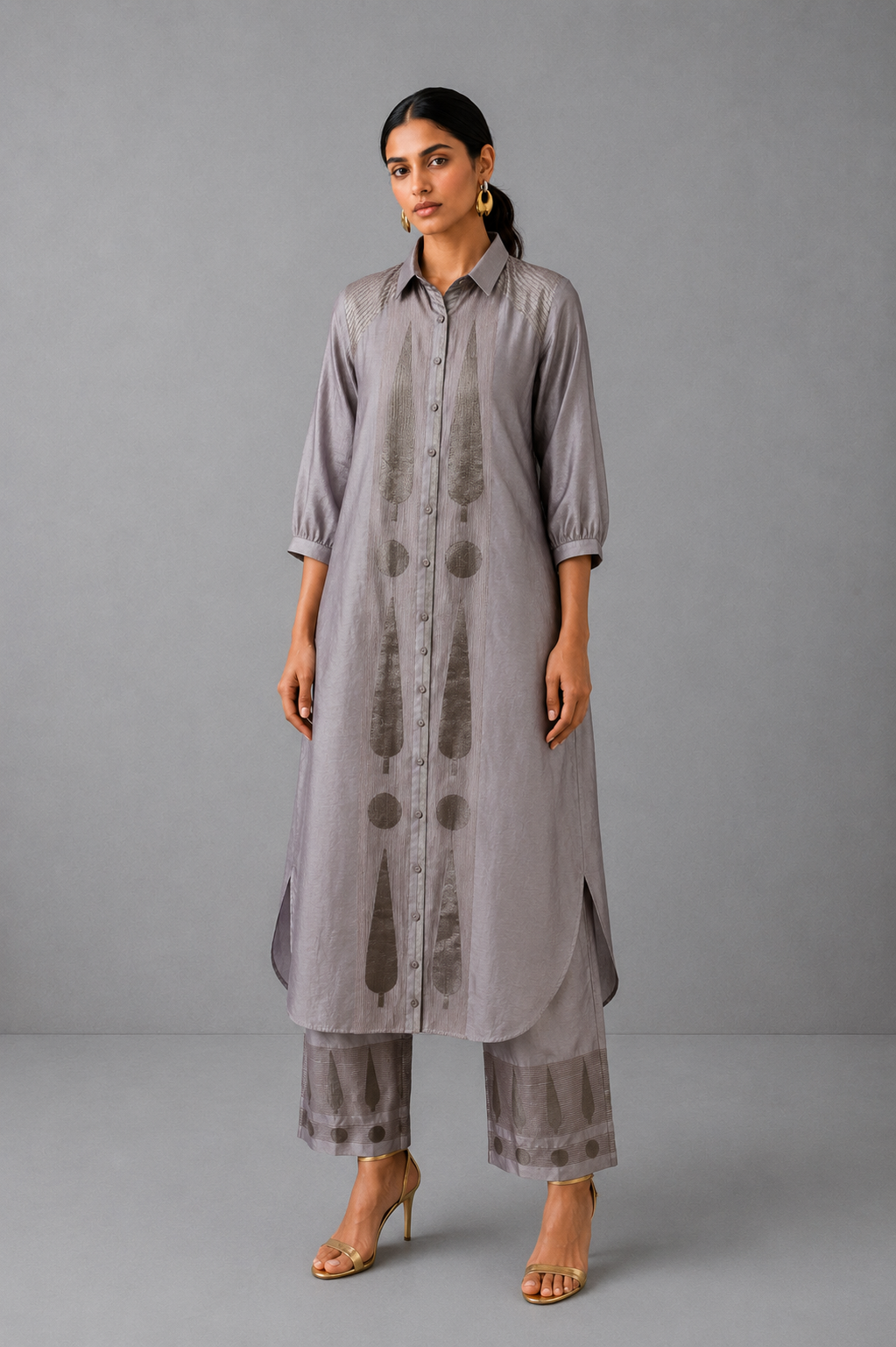 Collared Long Shirt / Shirt Dress & Pants - Silver Grey