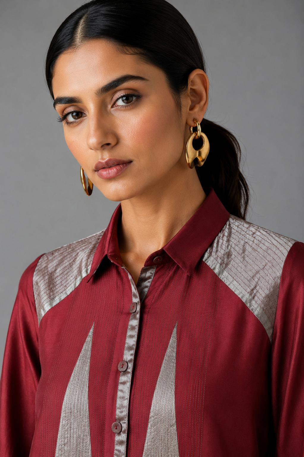Collared Long Shirt / Shirt Dress - Red