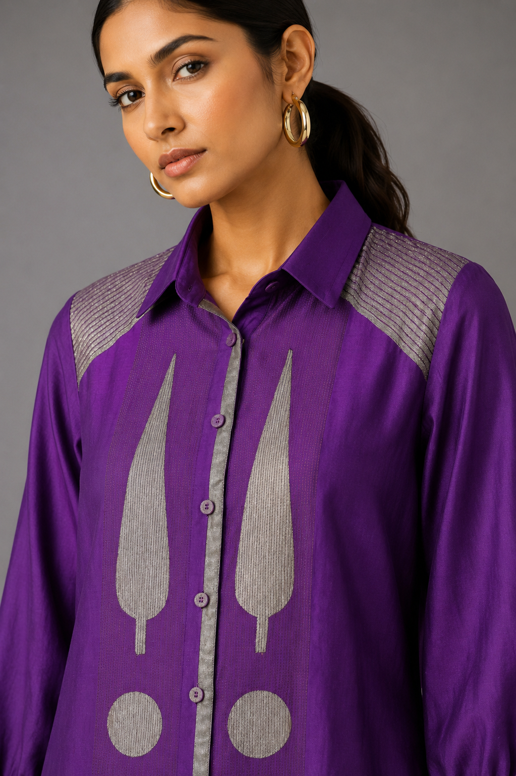 Collared Long Shirt / Shirt Dress - Violet