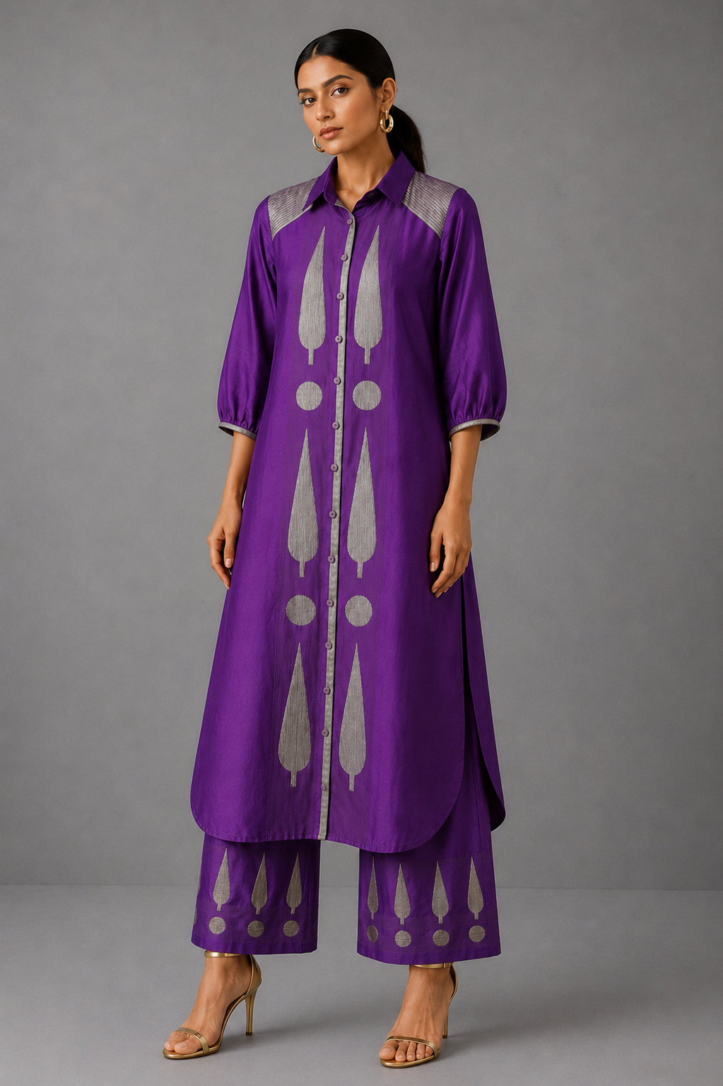 Collared Long Shirt / Shirt Dress & Pants - Violet