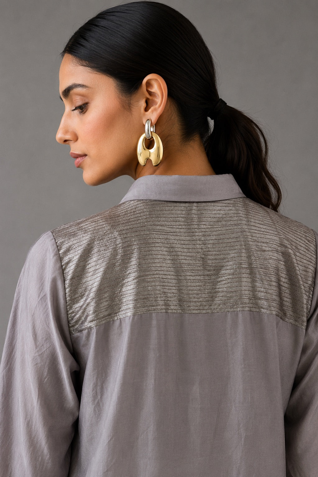 Collared Long Shirt / Shirt Dress & Pants - Silver Grey