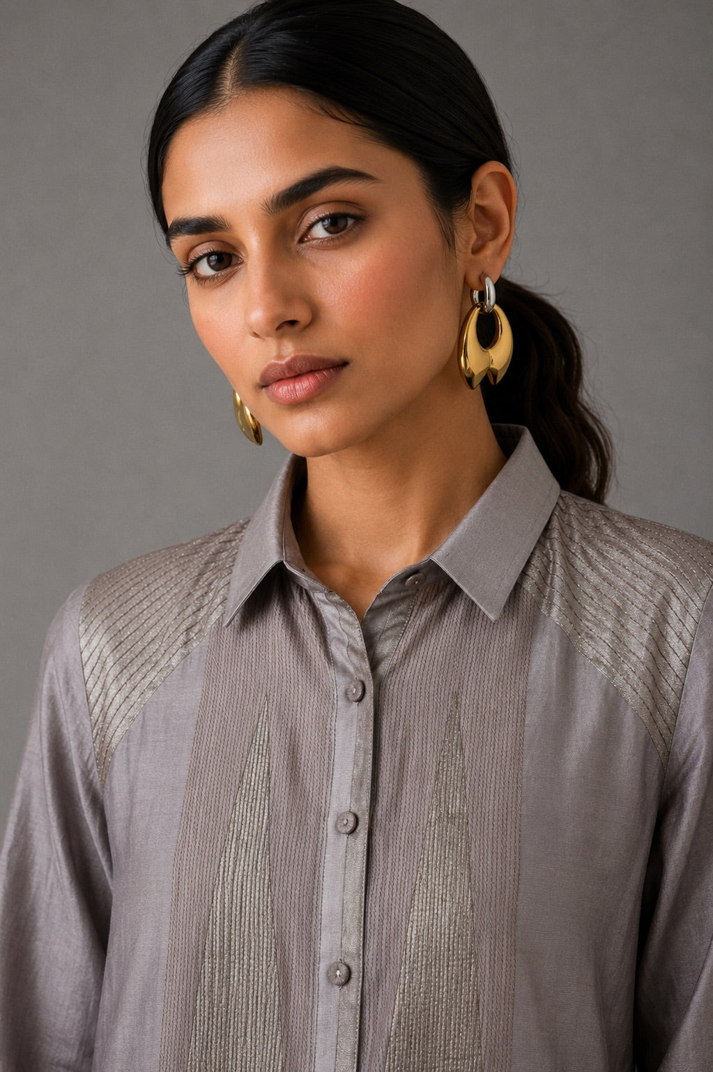 Collared Long Shirt / Shirt Dress & Pants - Silver Grey