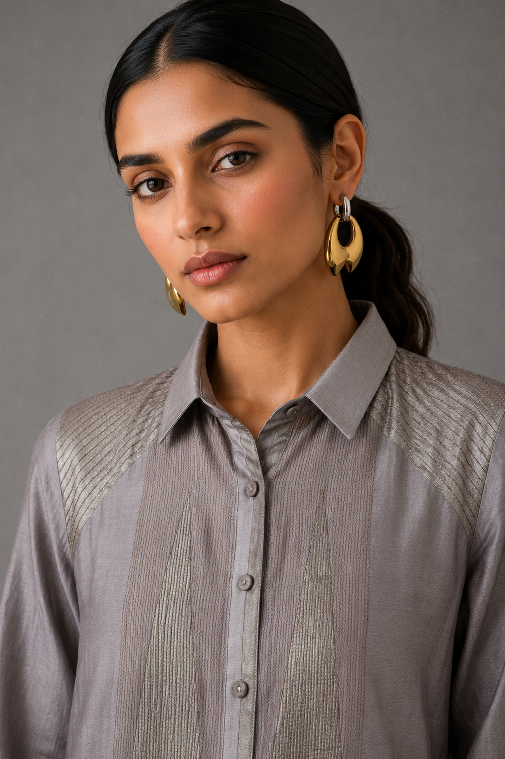 Collared Long Shirt / Shirt Dress - Grey