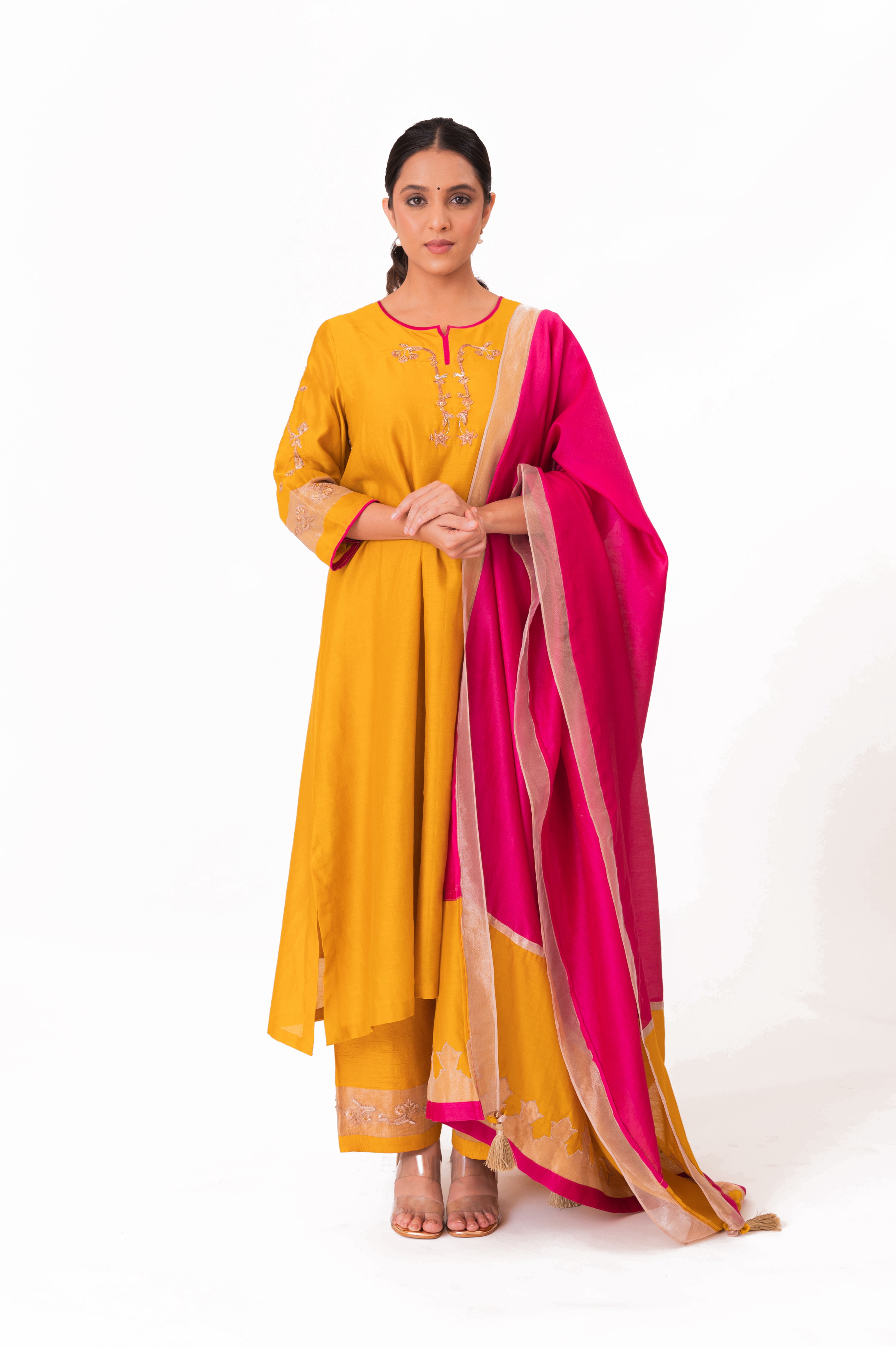 LILA - Golden Yellow - Tissue Patch work Dupatta Kurta Set