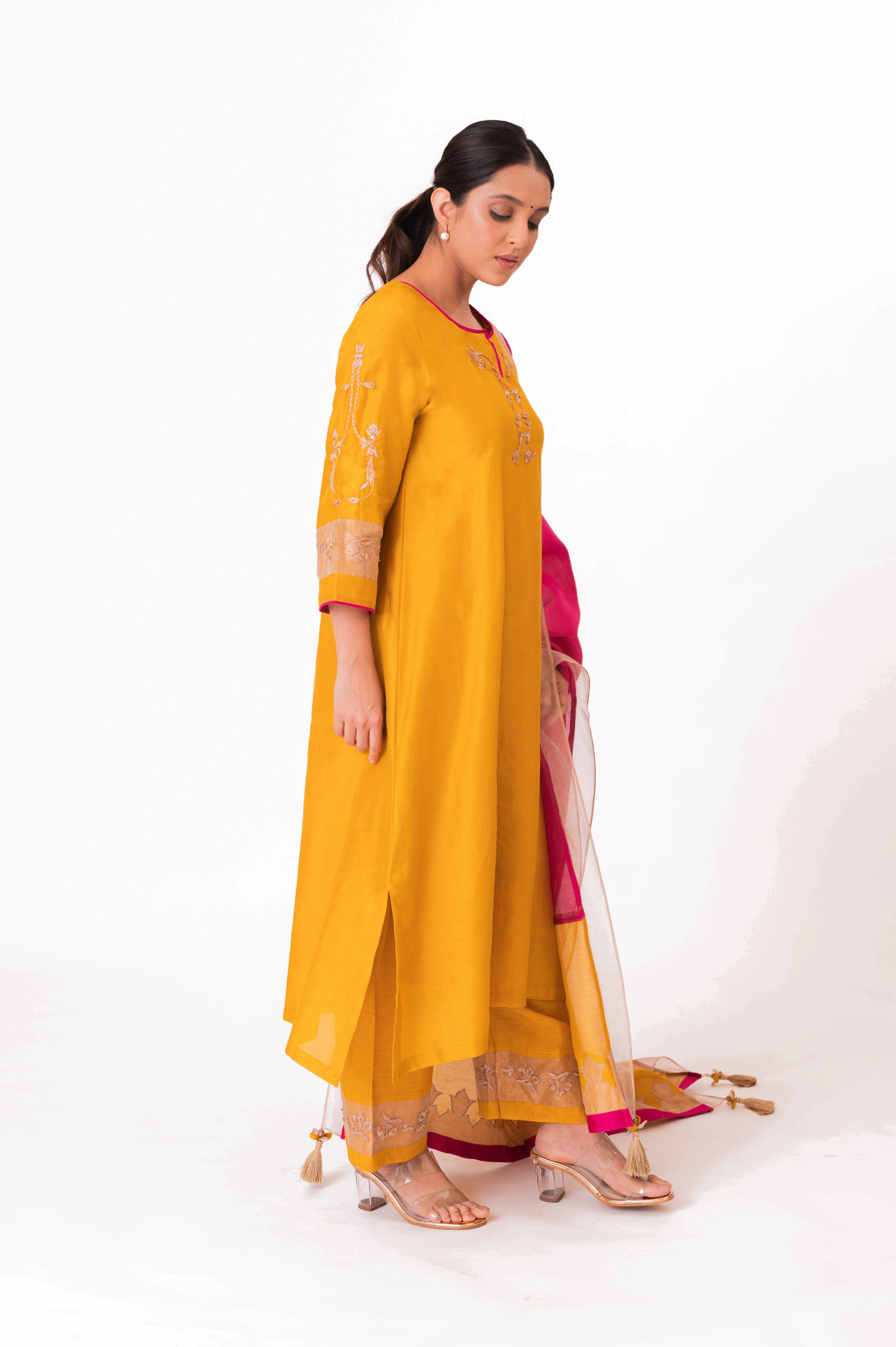 LILA - Golden Yellow - Tissue Patch work Dupatta Kurta Set
