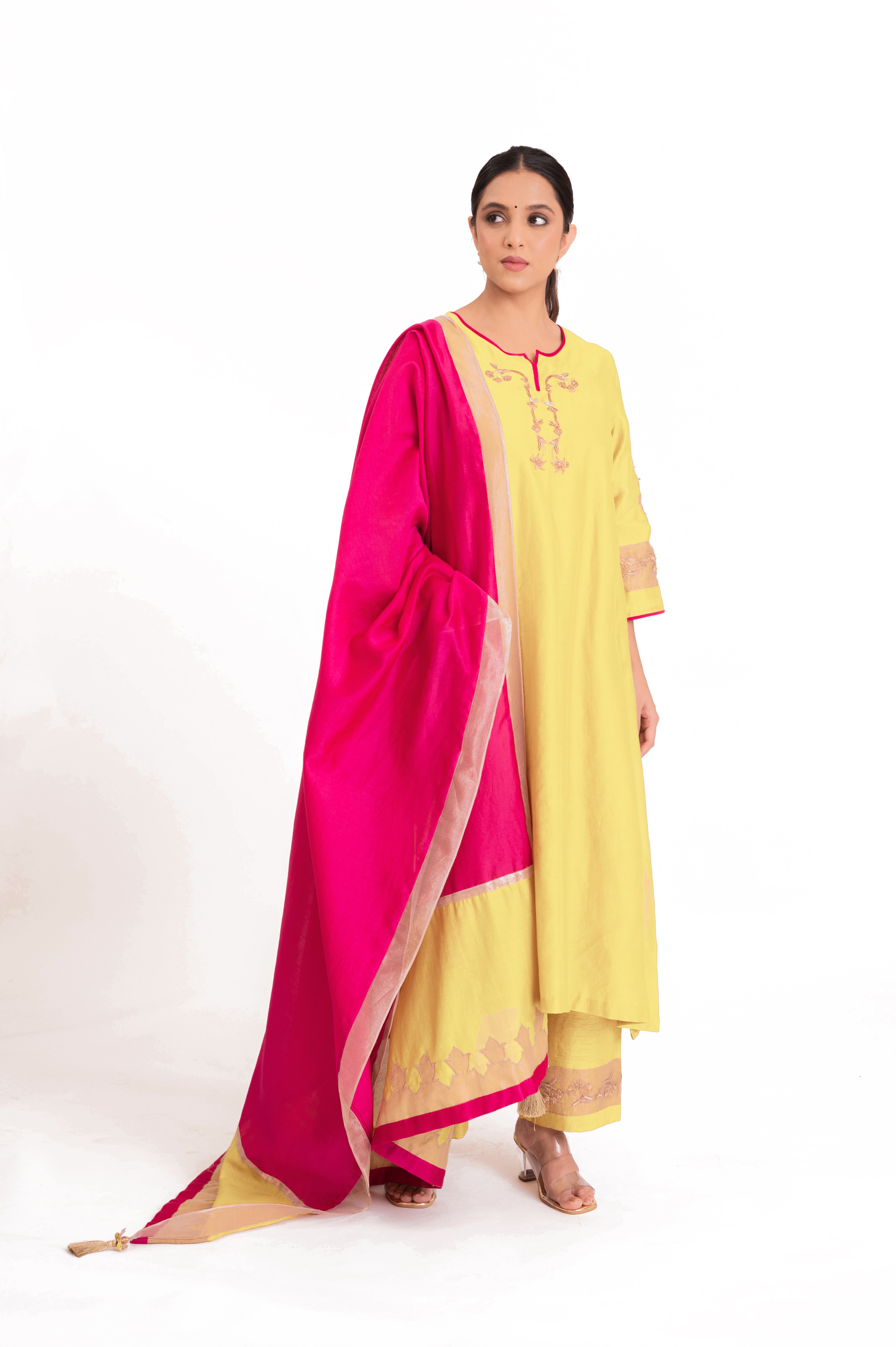 LILA - Pastel Yellow - Tissue Patch work Dupatta Kurta Set