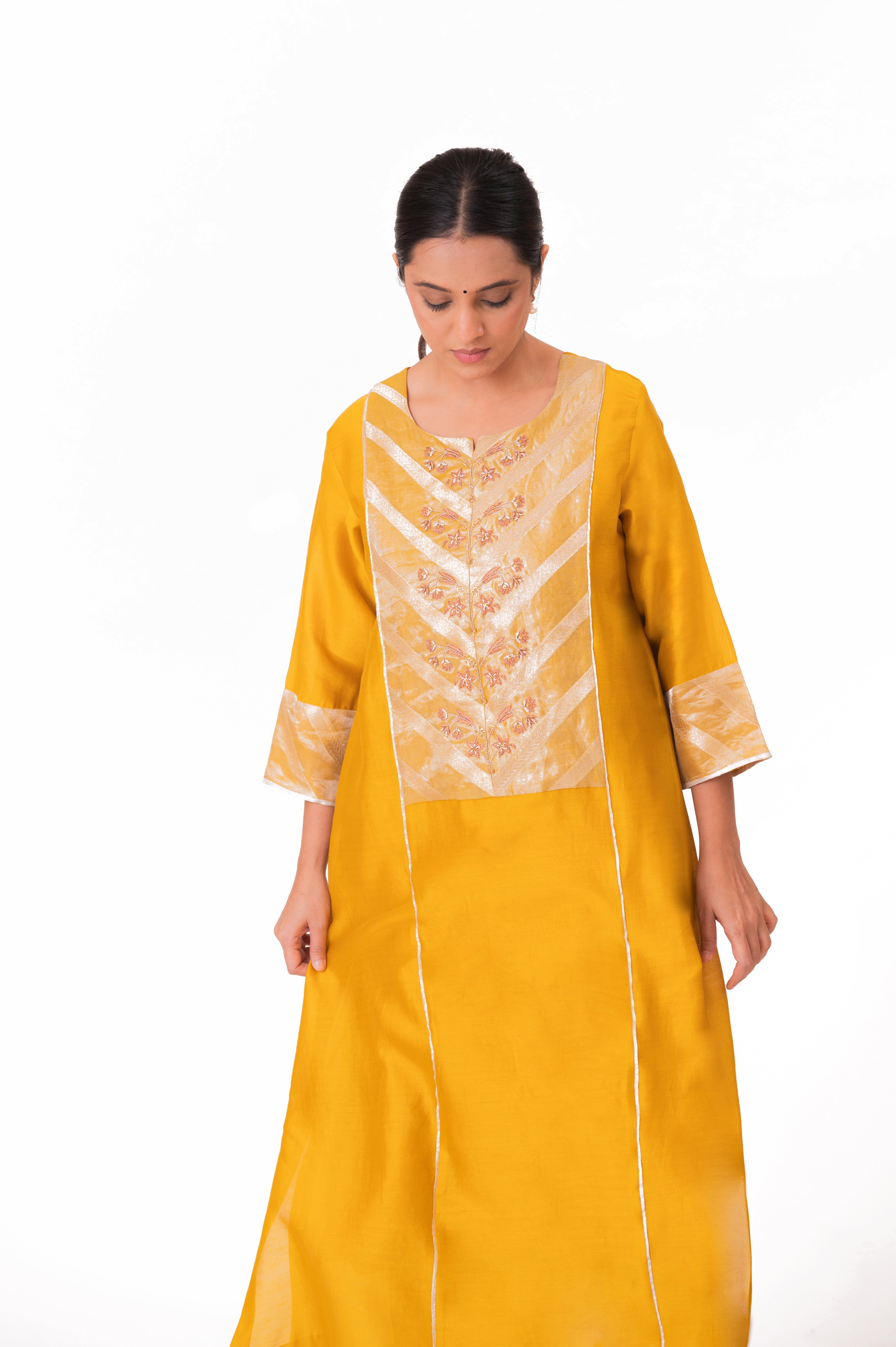LILA - Golden Yellow - Banarasi Yoke Kurta Set