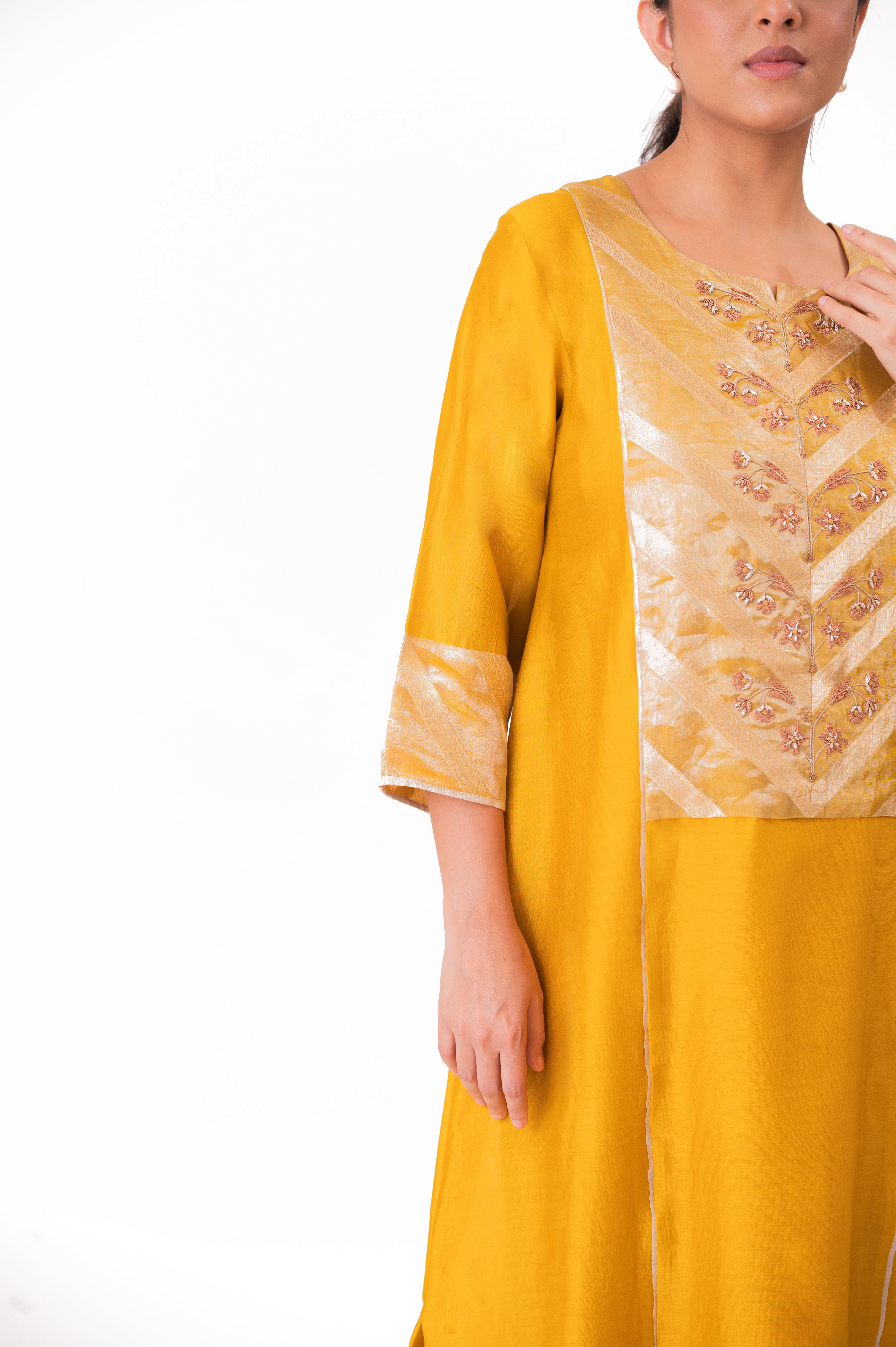 LILA - Golden Yellow - Banarasi Yoke Kurta Set