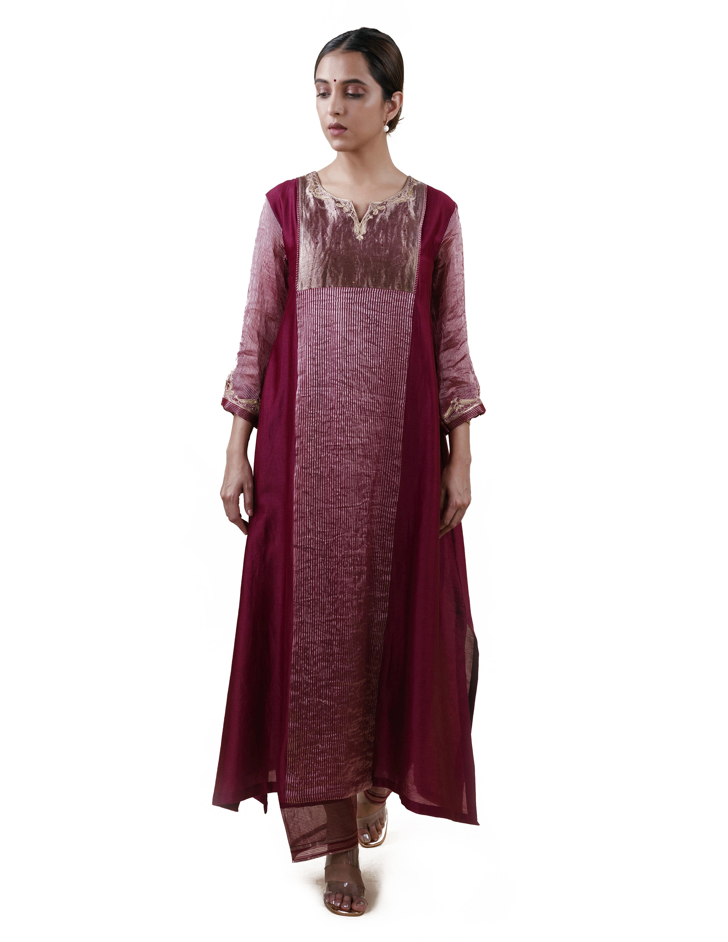 Mauve Tissue Stripes Chanderi Silk Kurta Set
