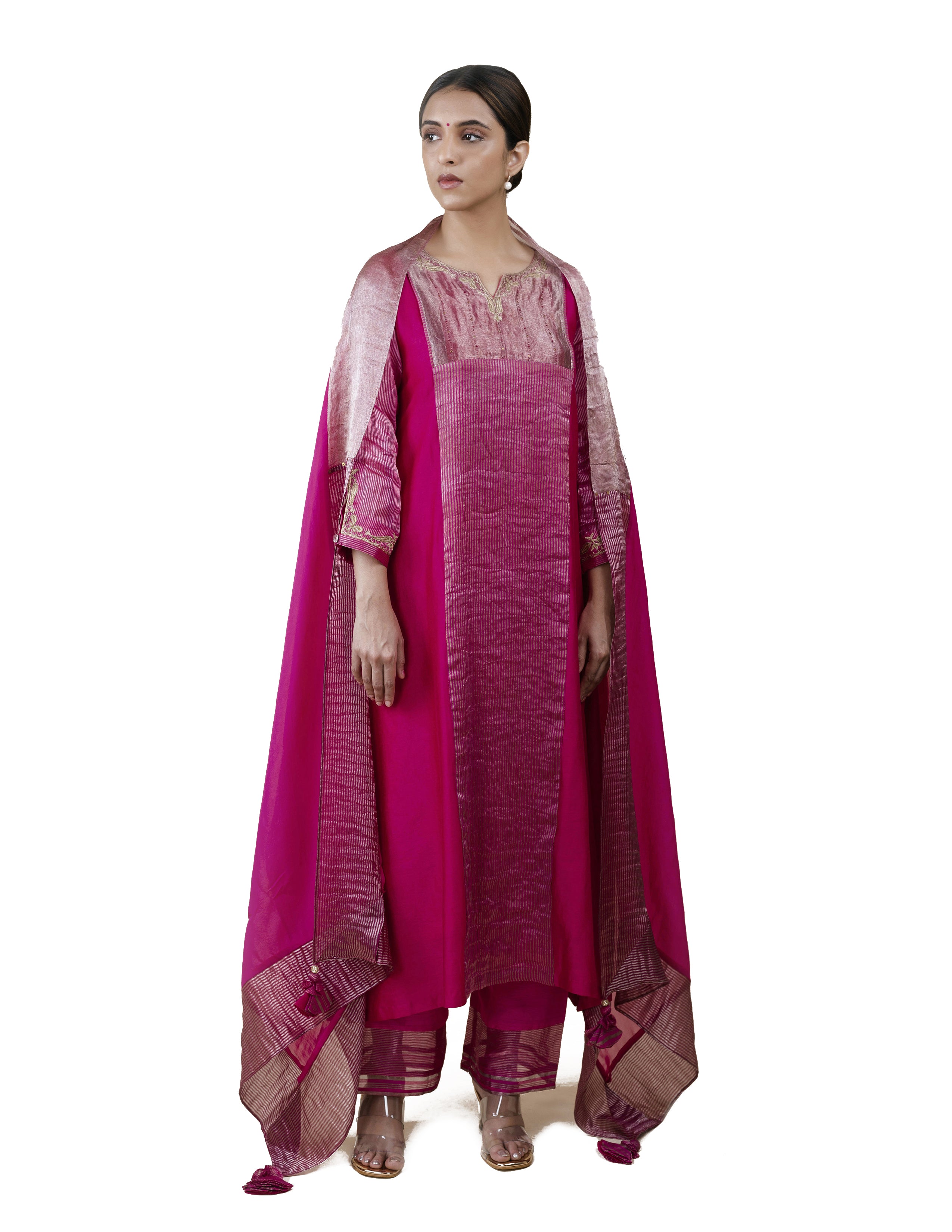Festive Fuchsia Pink Tissue Stripes/Chanderi Silk Hand Embriodered  - A-line Kurta Set