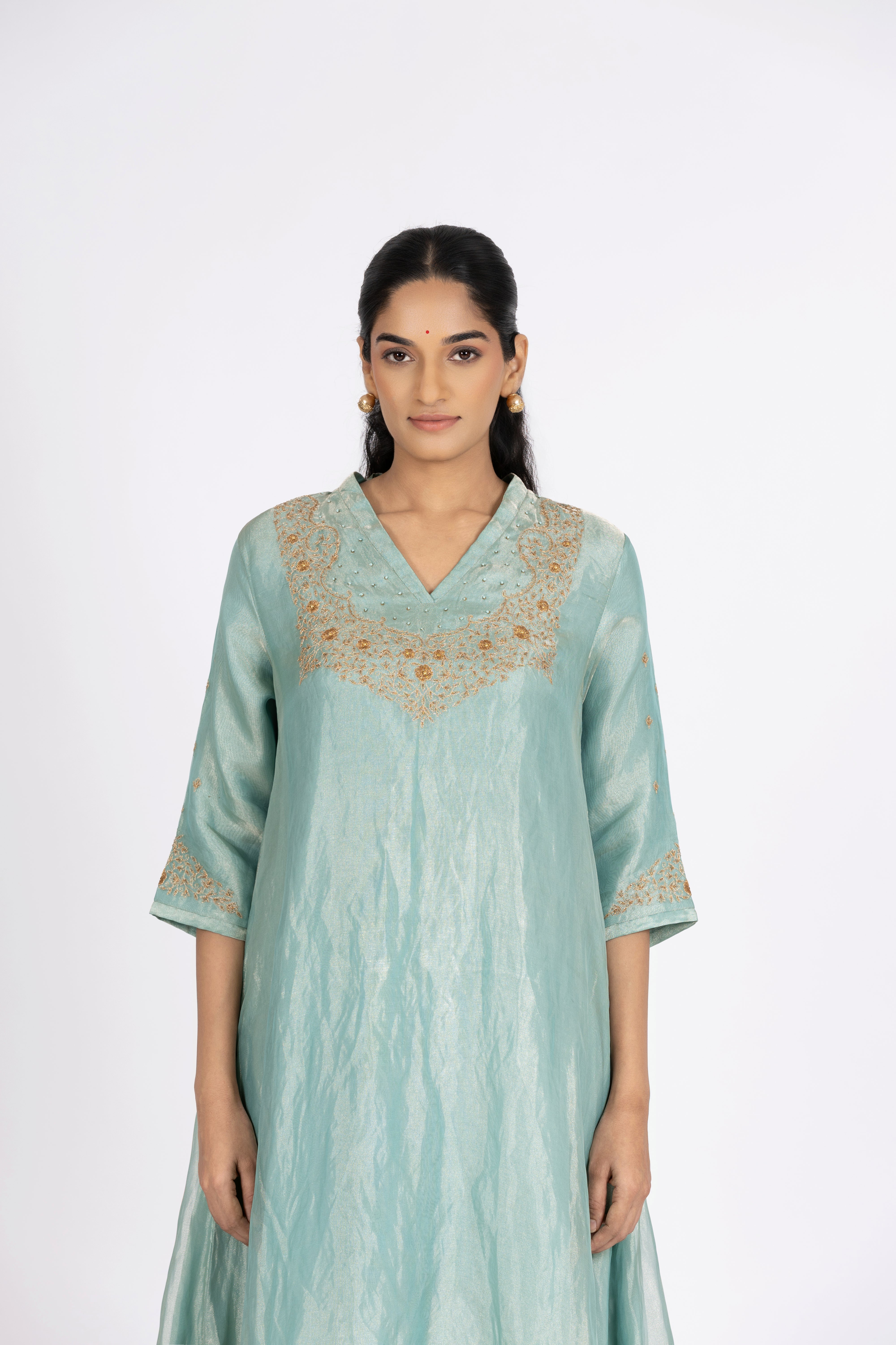Blue Tissue - V Neck - Kurta Set