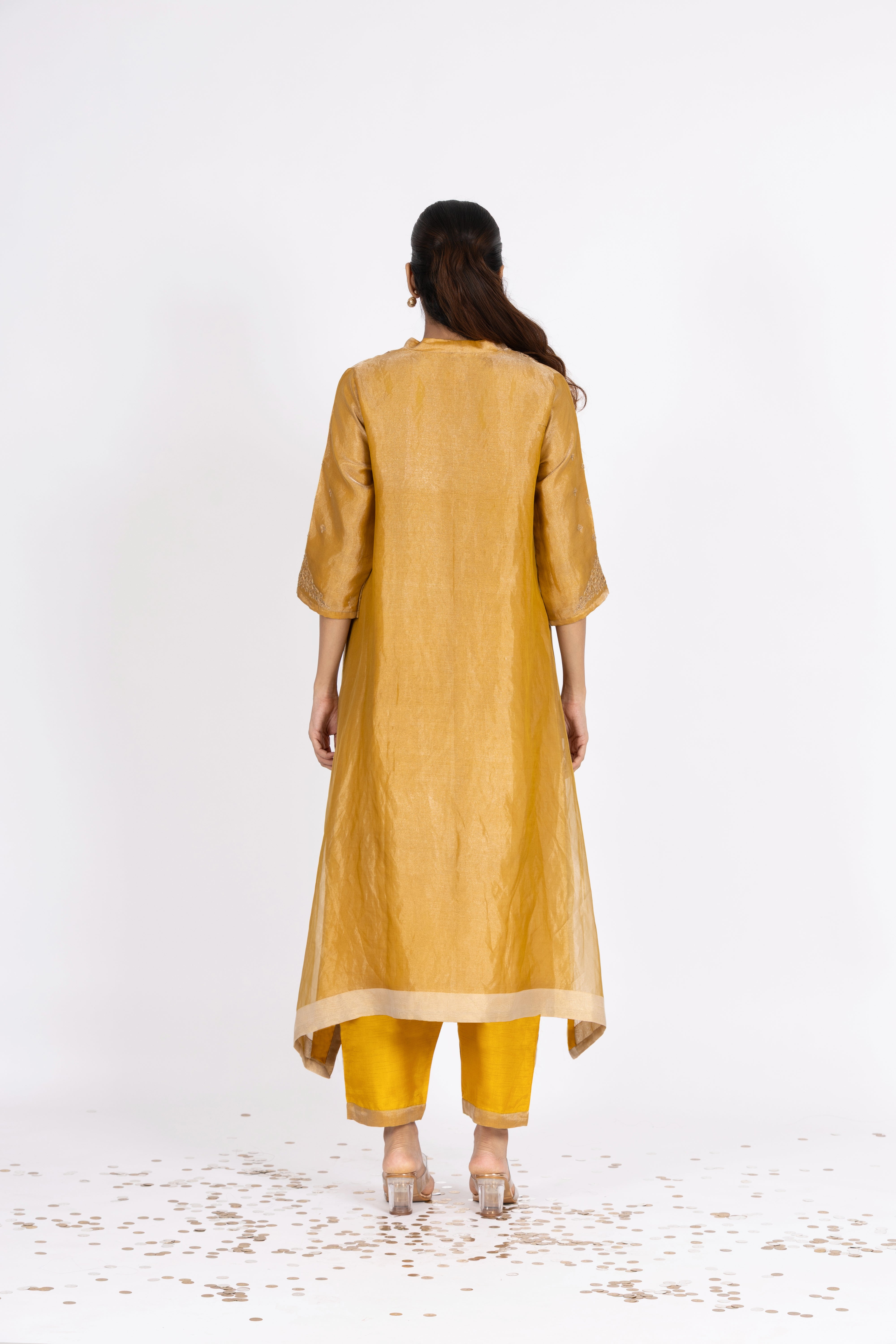Yellow Tissue - V Neck - Kurta Set