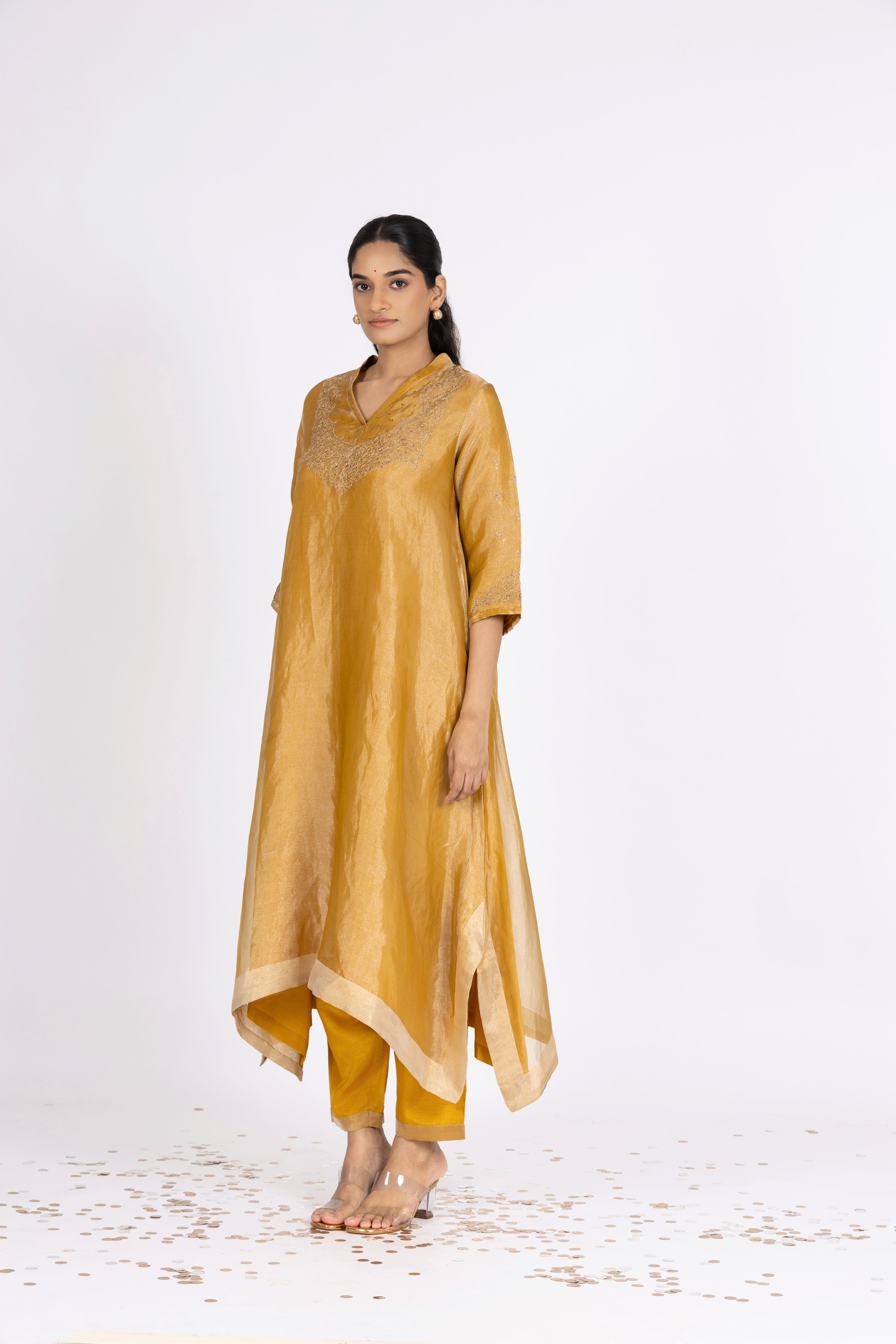 Yellow Tissue - V Neck - Kurta Set