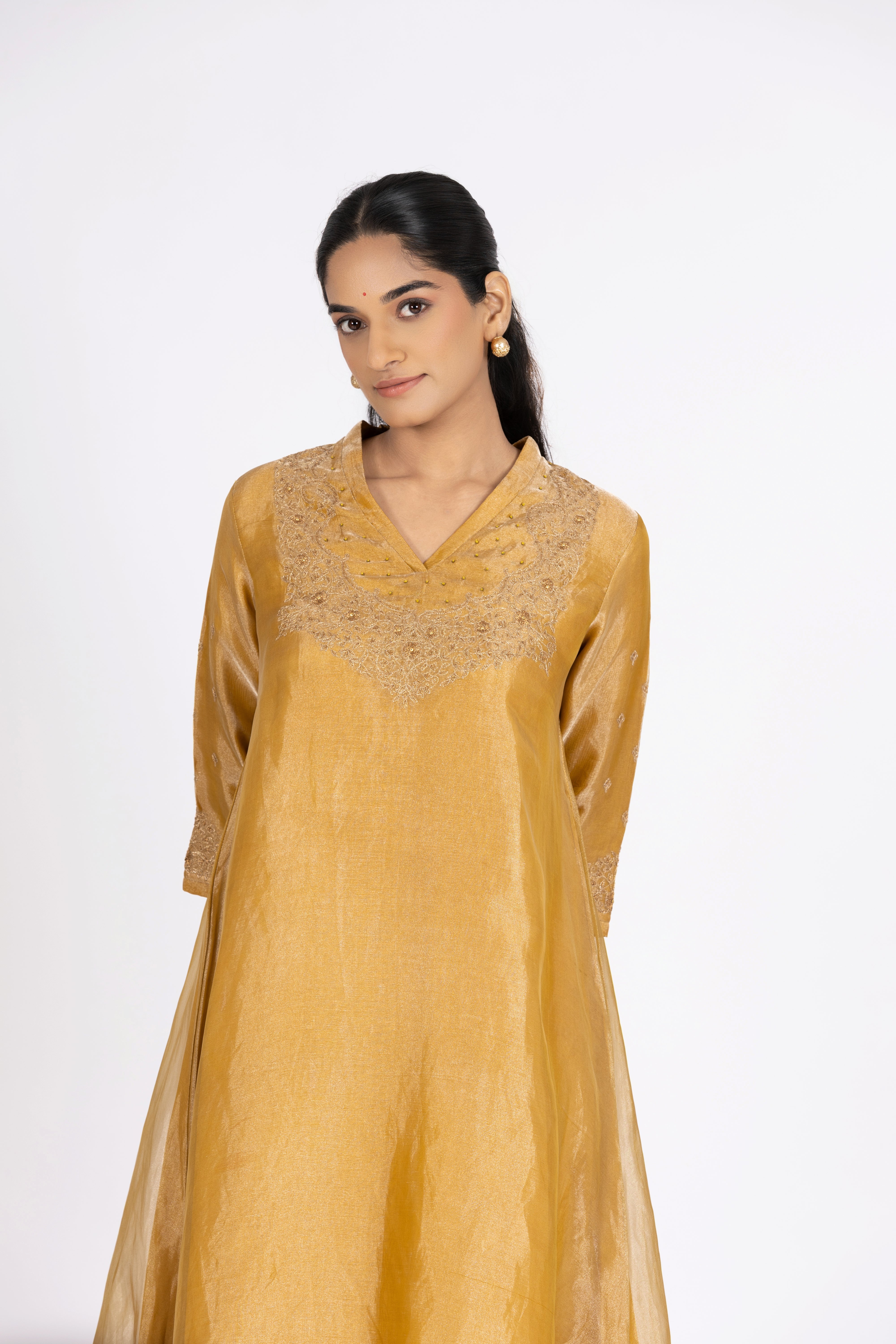Yellow Tissue - V Neck - Kurta Set