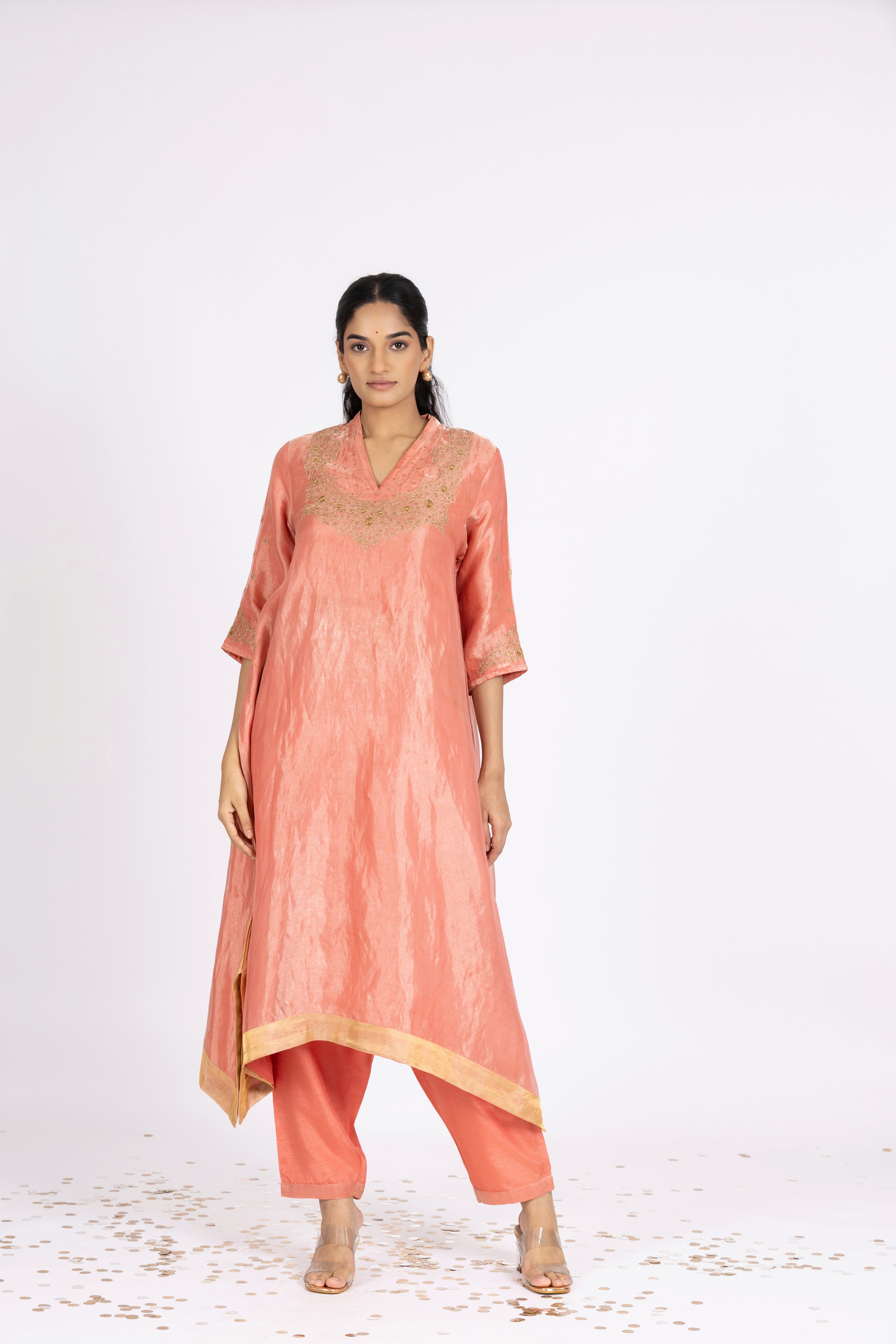 Brick Pink Tissue - V Neck - Kurta Set