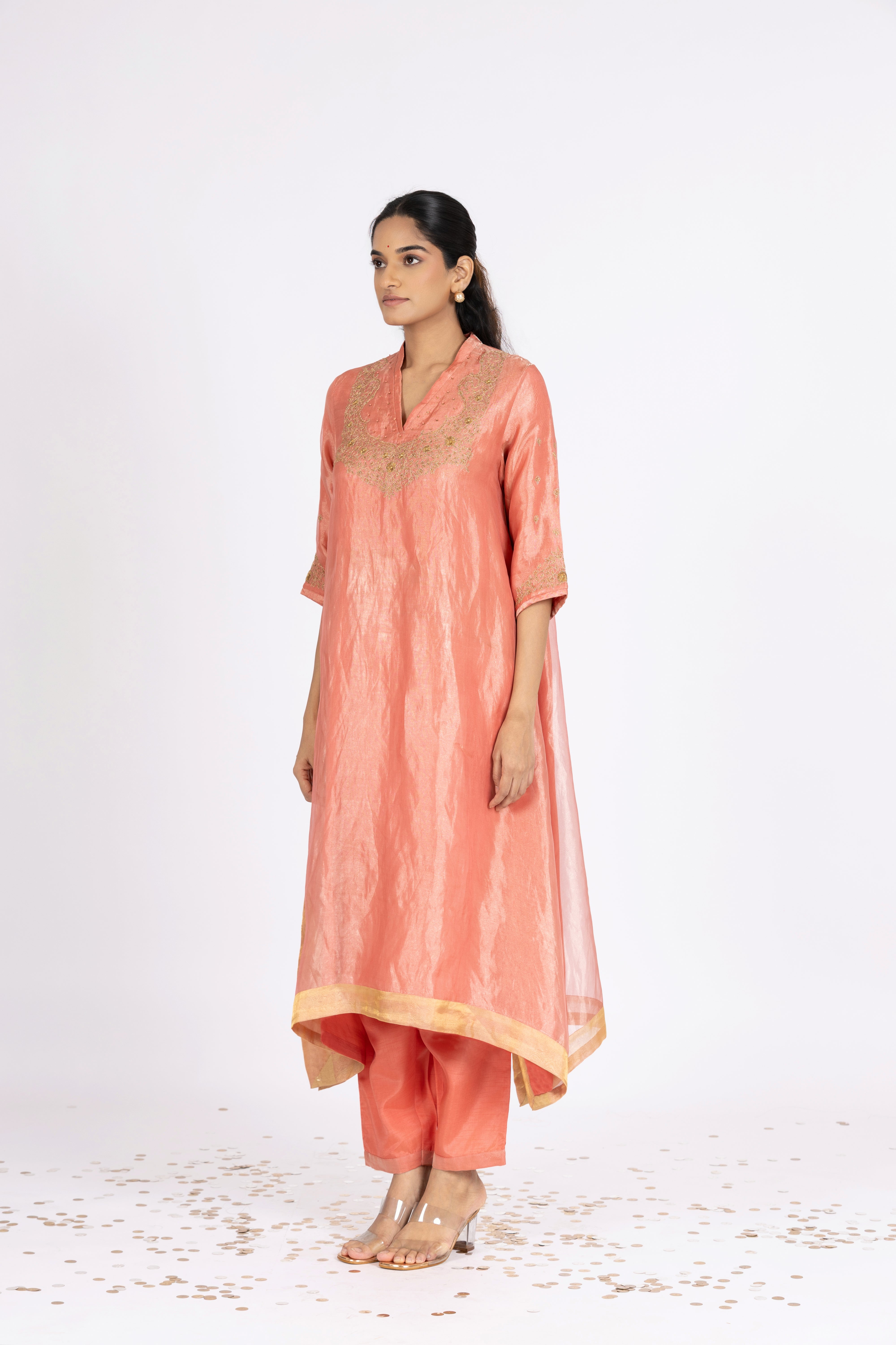 Brick Pink Tissue - V Neck - Kurta Set
