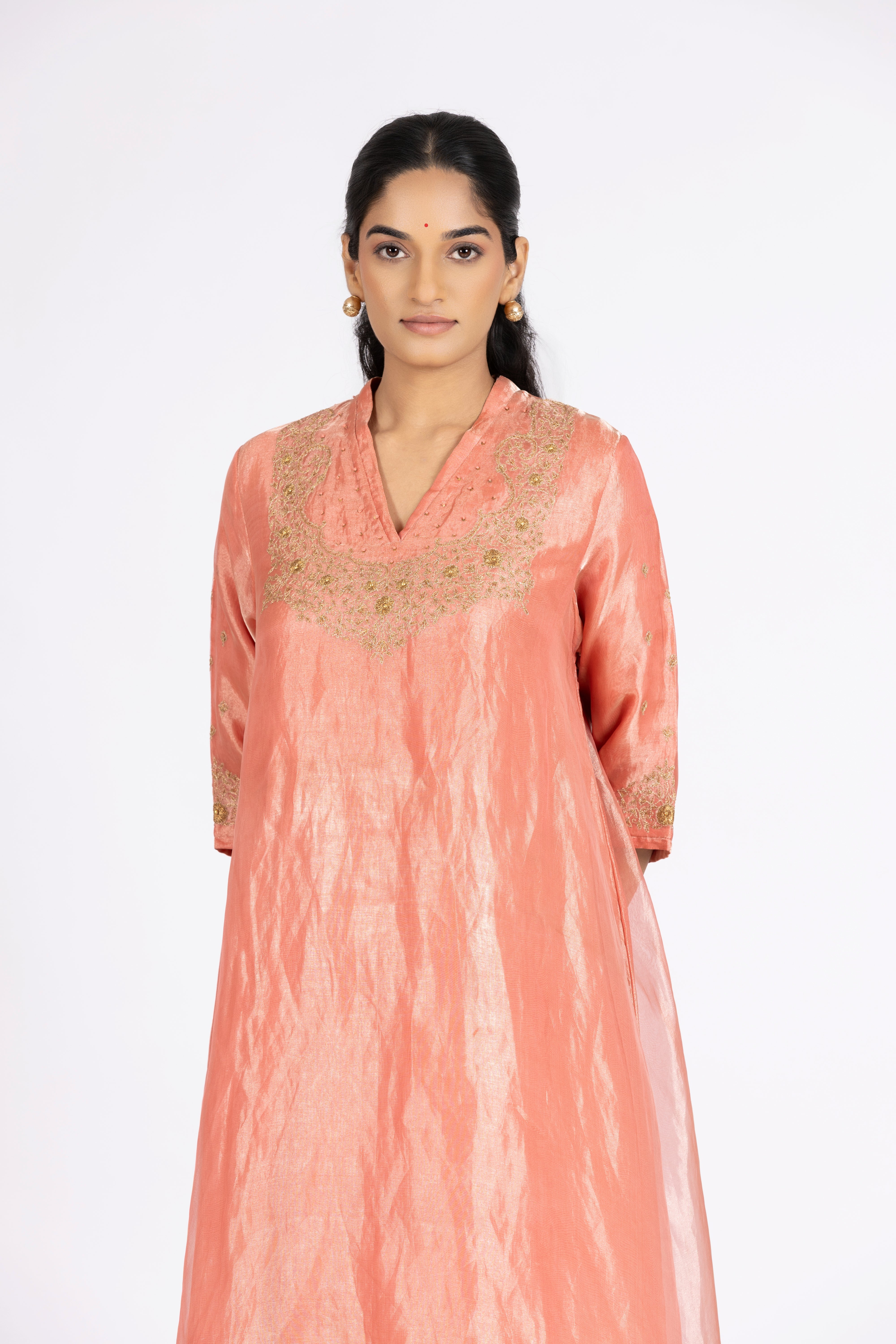 Brick Pink Tissue - V Neck - Kurta Set