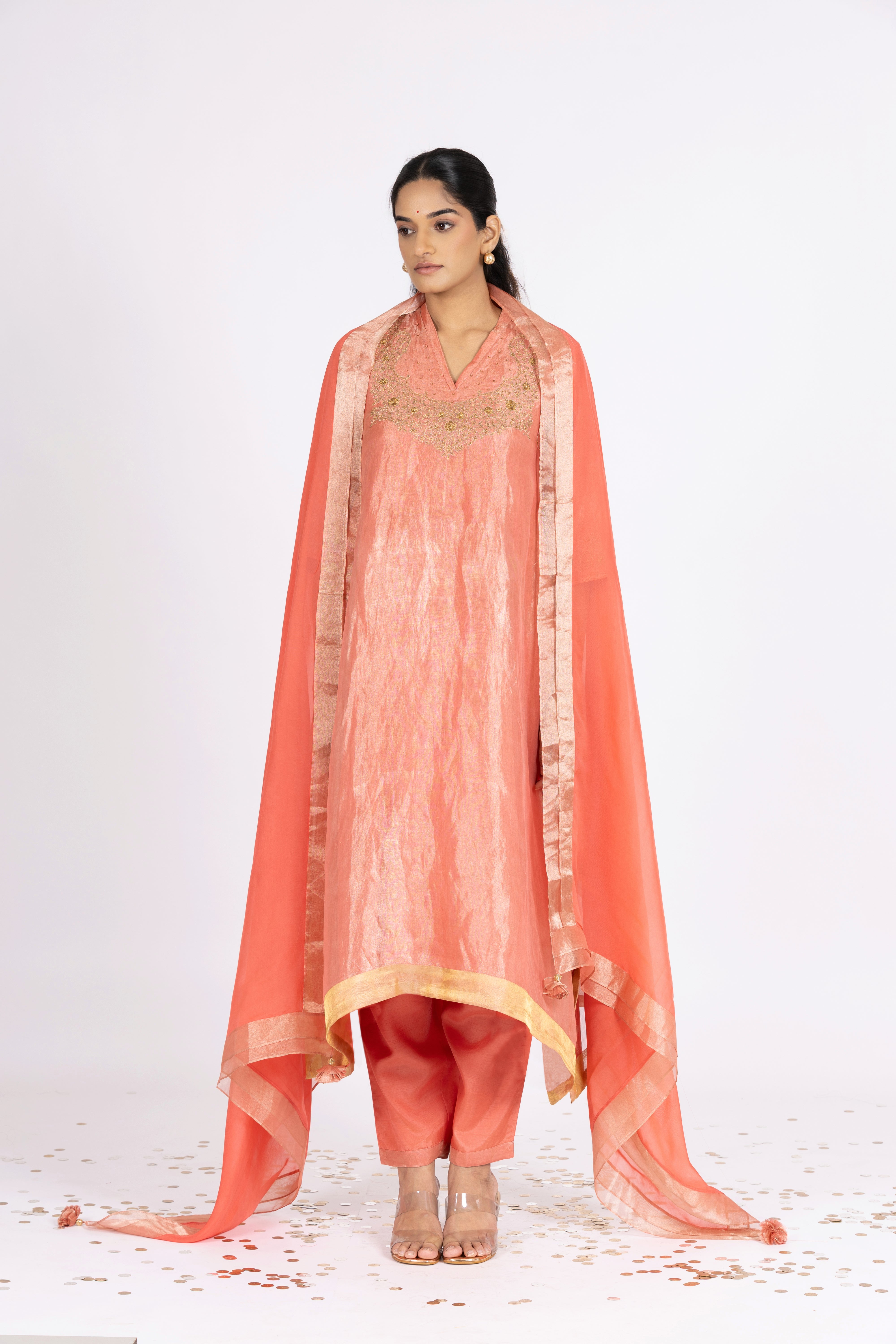 Brick Pink Tissue - V Neck - Kurta Set