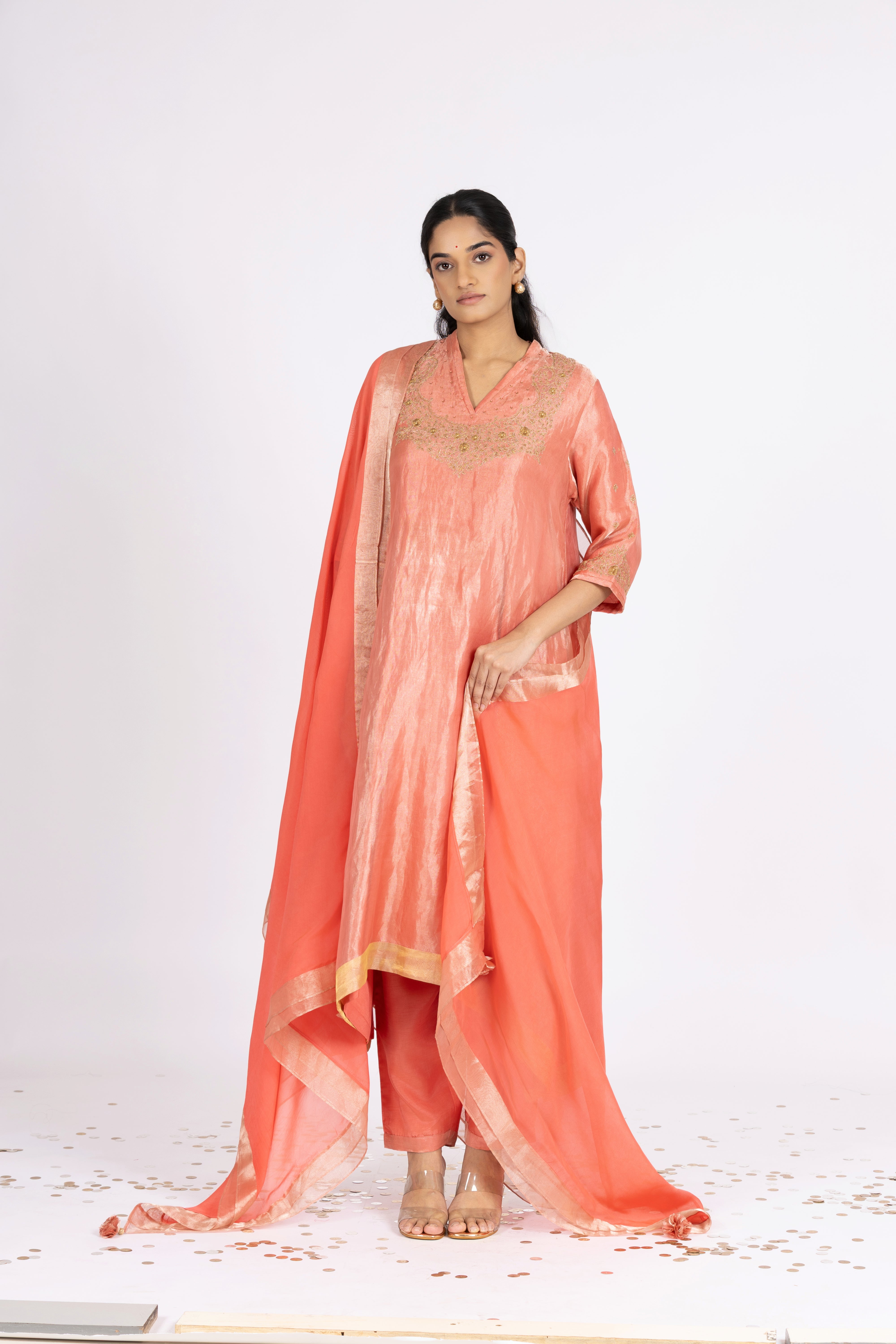 Brick Pink Tissue - V Neck - Kurta Set