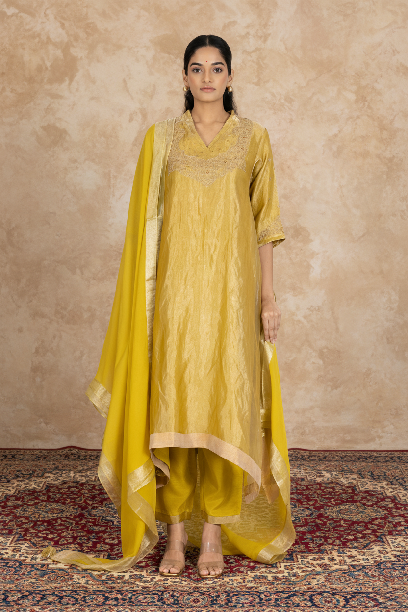 Green Tissue - V Neck - Kurta Set
