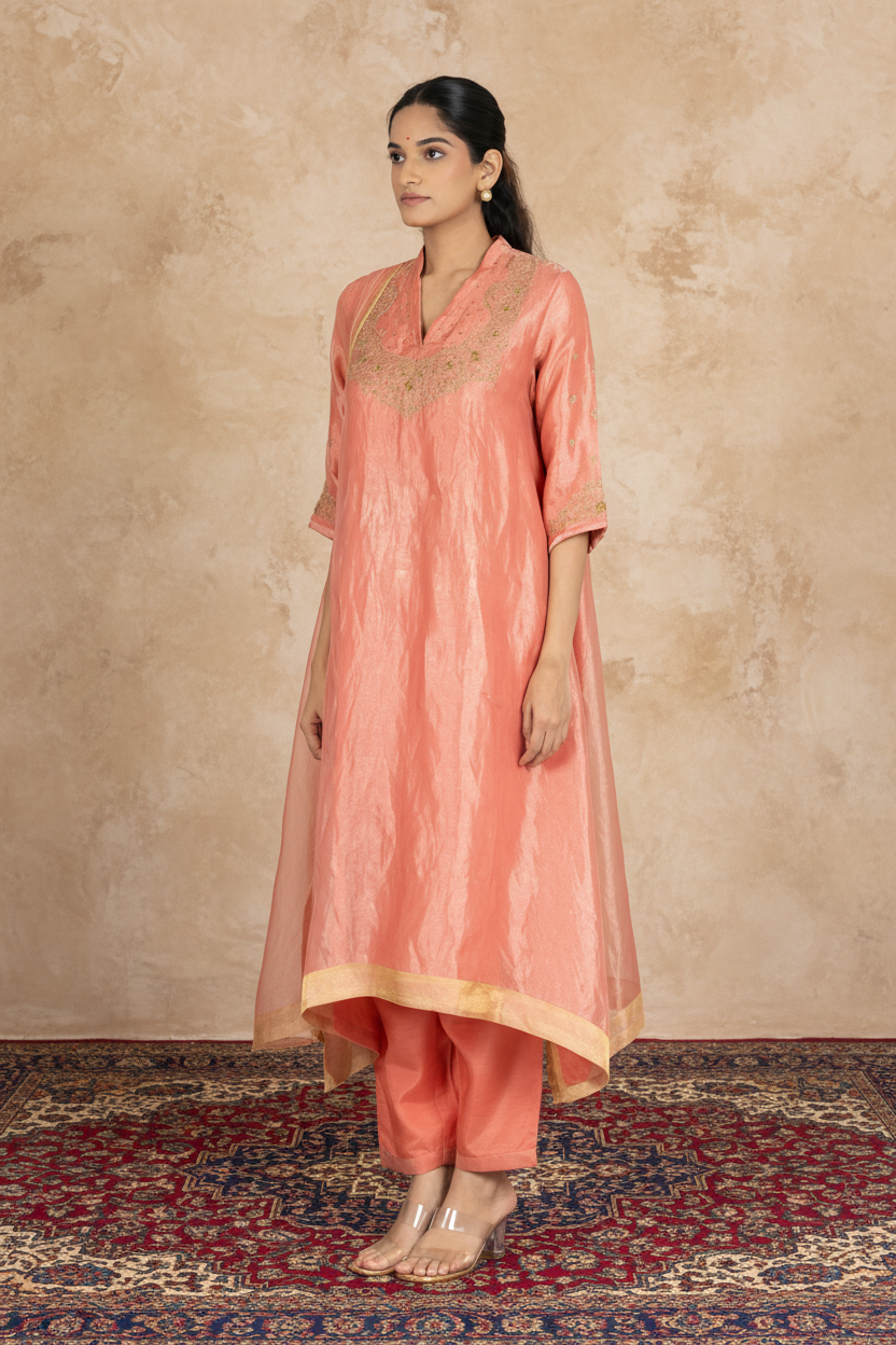 Brick Pink Tissue - V Neck - Kurta Set