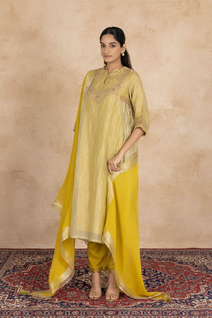 Green Tissue - Gathered - Kurta Set