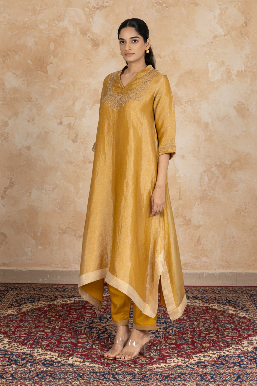 Golden Yellow Tissue - V Neck - Kurta Set