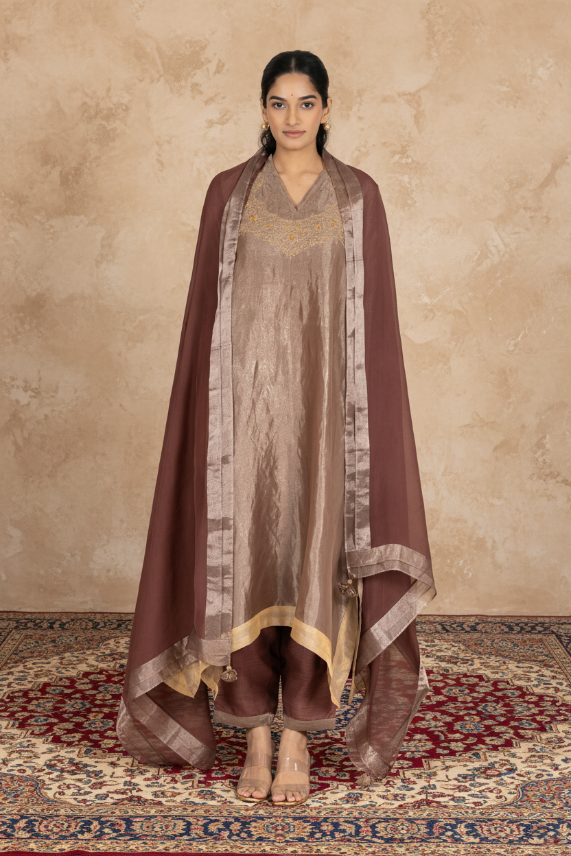 Brown Tissue - V Neck - Kurta Set
