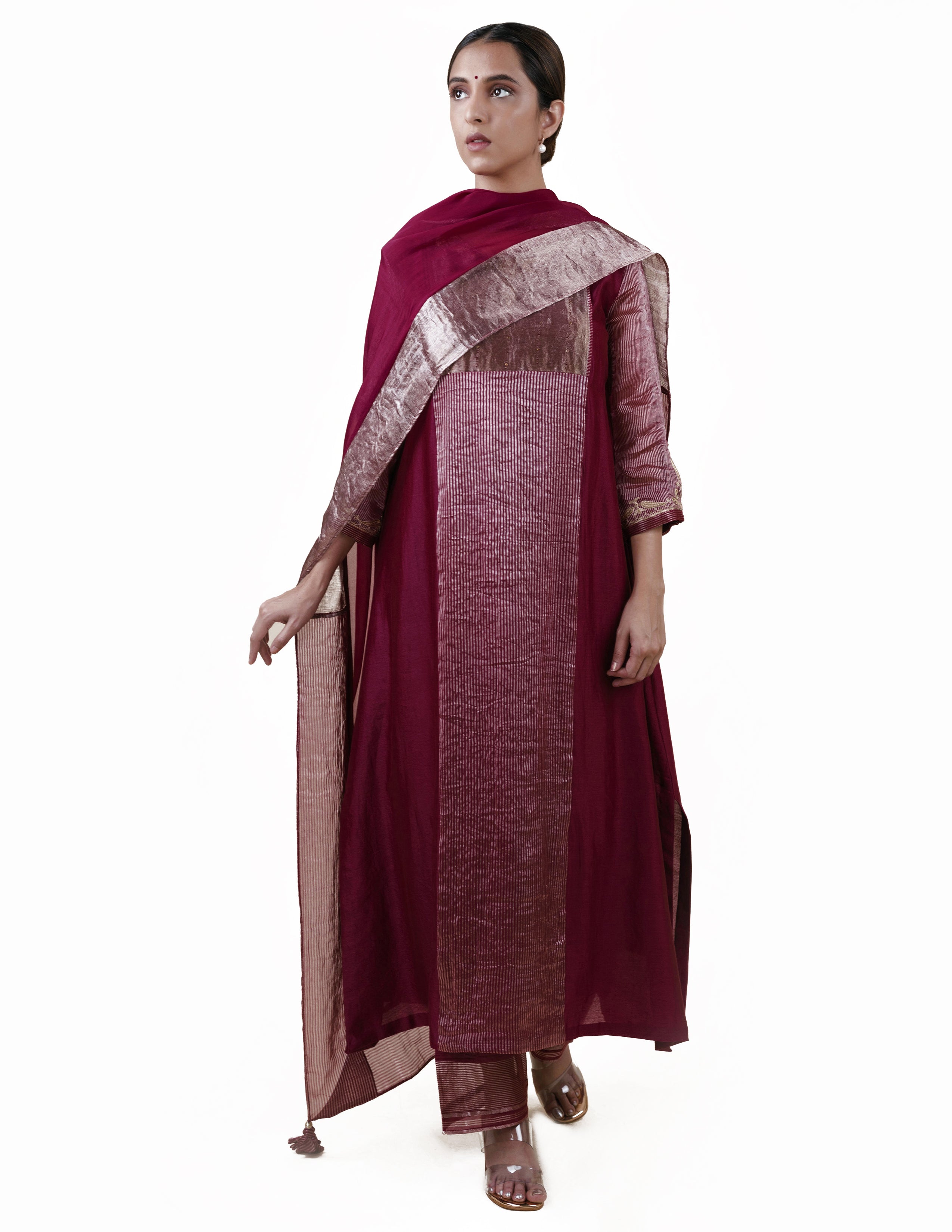 Mauve Tissue Stripes Chanderi Silk Kurta Set