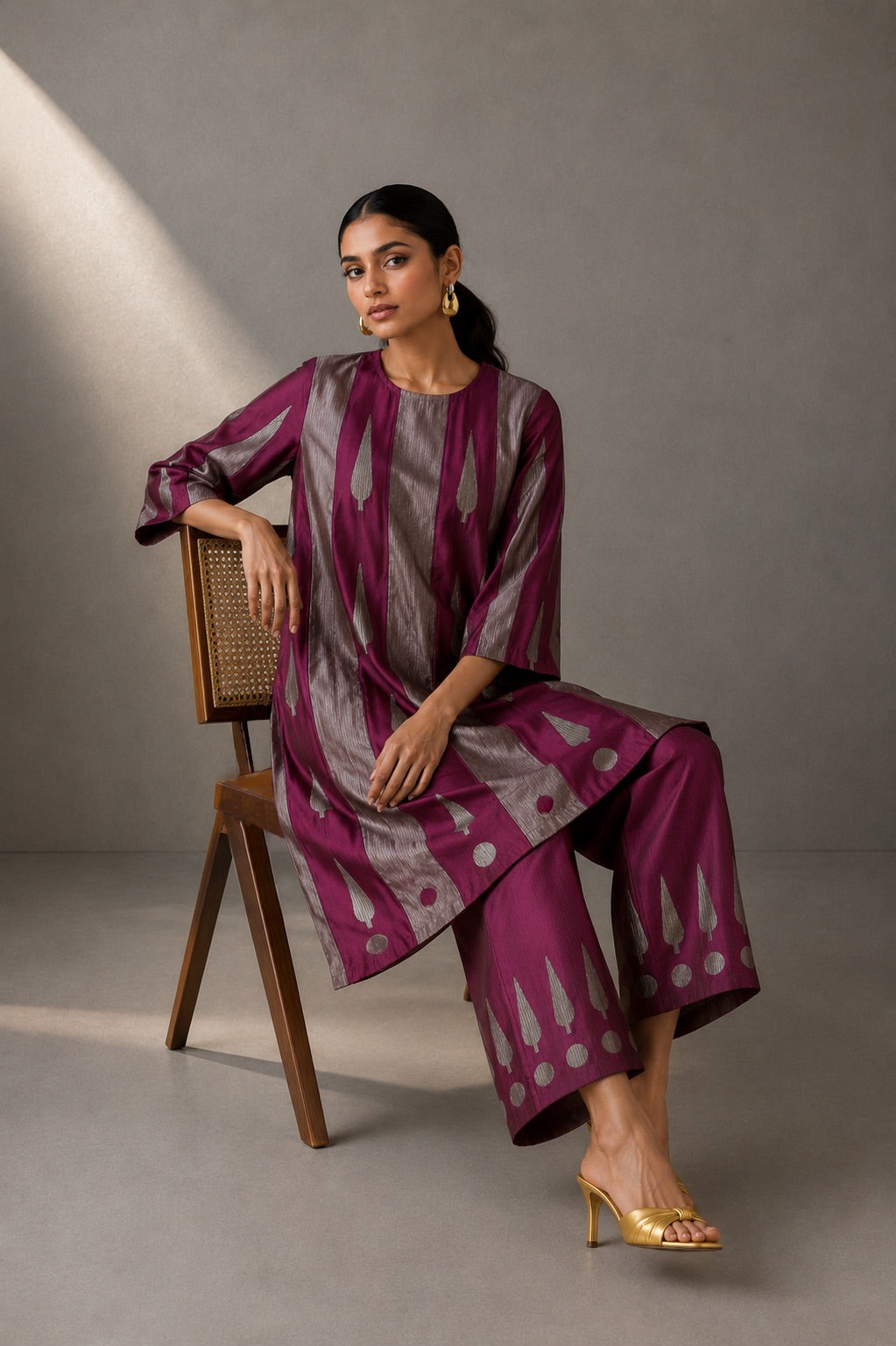Panelled Tunic & Pants Set - Mauve