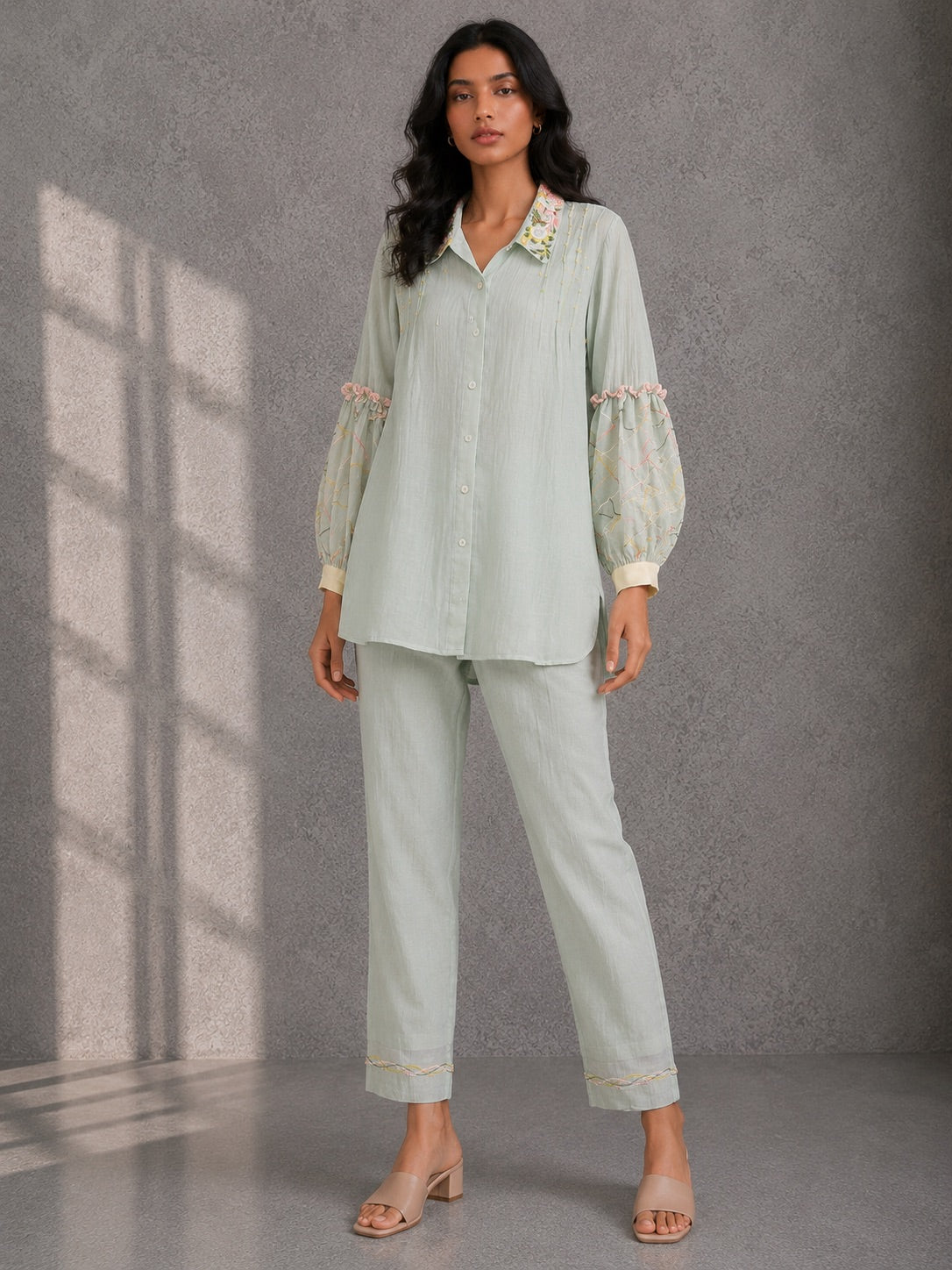 Pistachio Green Embroidered Shirt & Pants Set