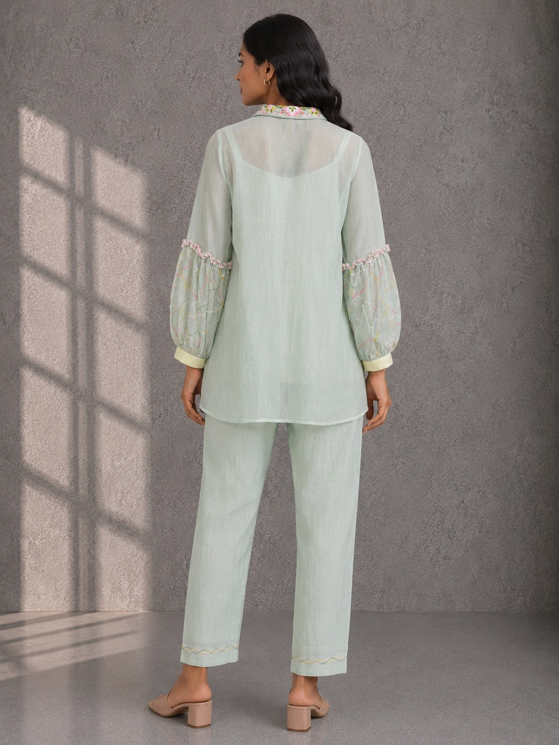 Pistachio Green Embroidered Shirt & Pants Set