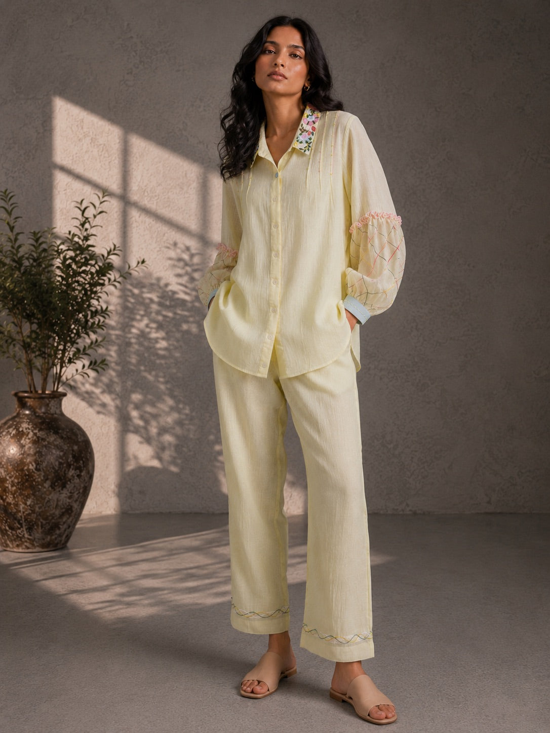 Butter Yellow Embroidered Shirt & Pants Set