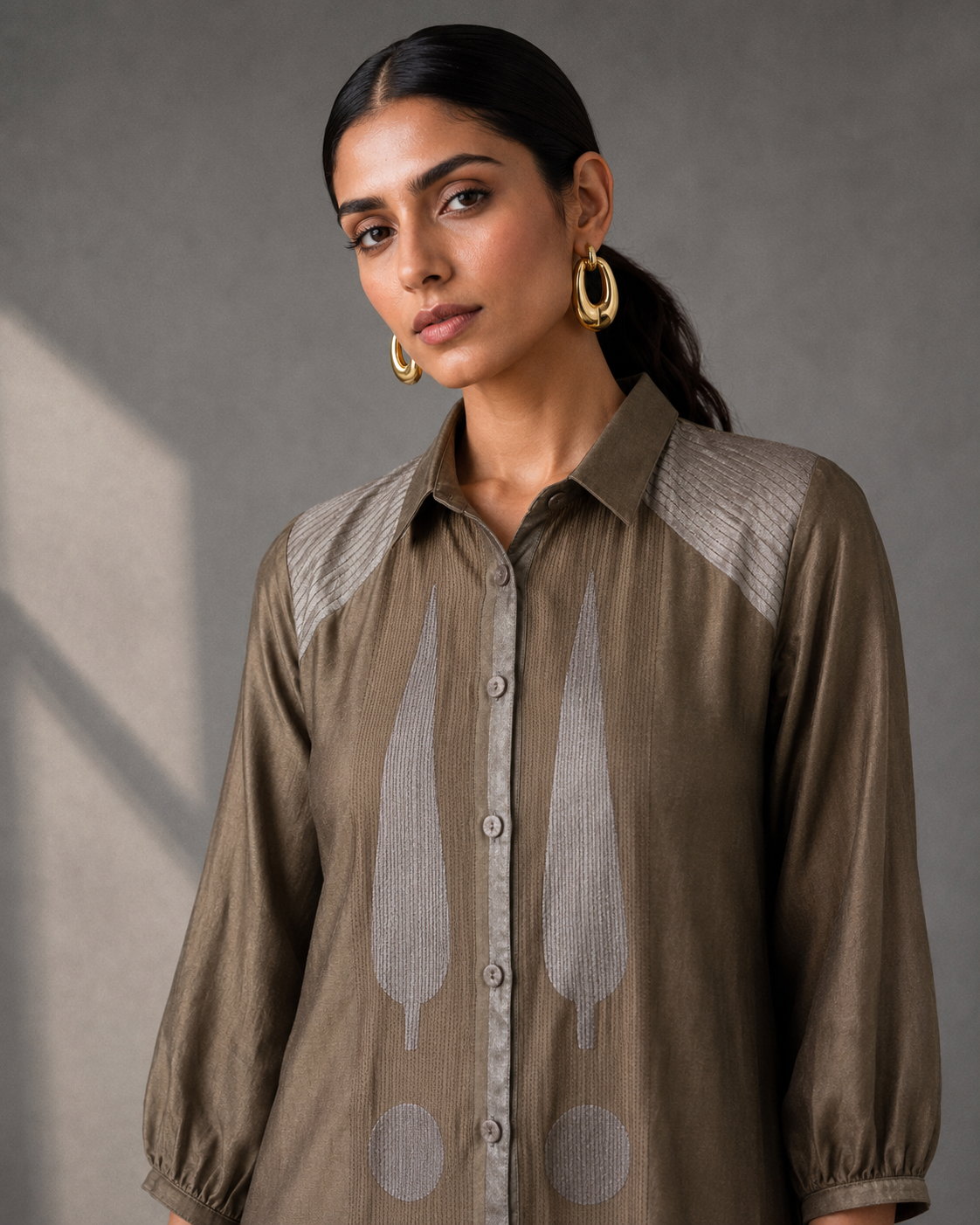 Collared Long Shirt / Shirt Dress & Pants - Ekru