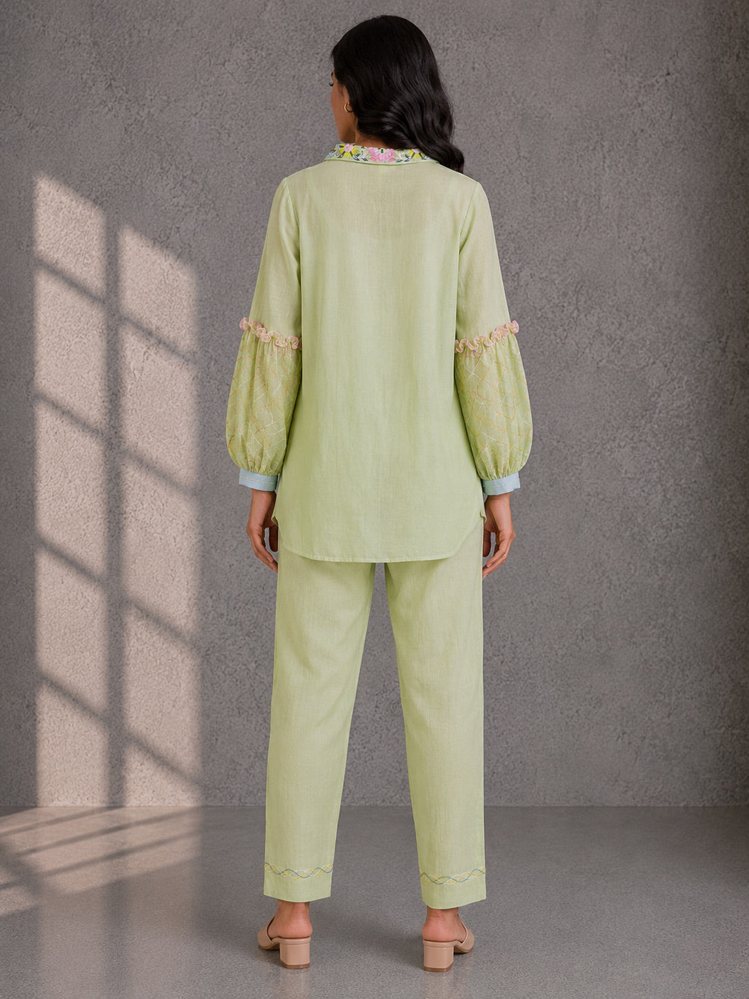 Soft Lime Embroidered Shirt & Pants Set