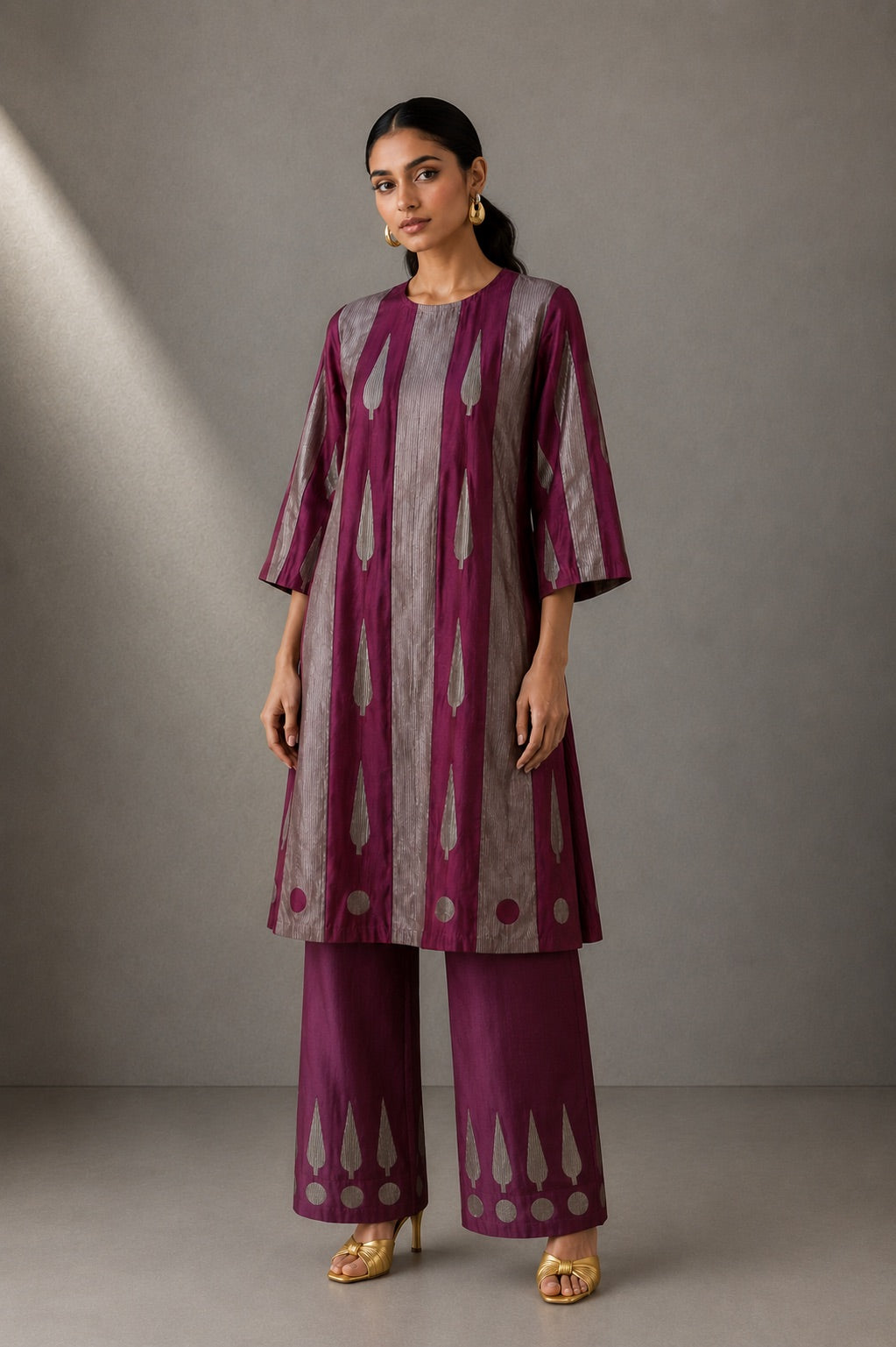 Panelled Tunic & Pants Set - Mauve