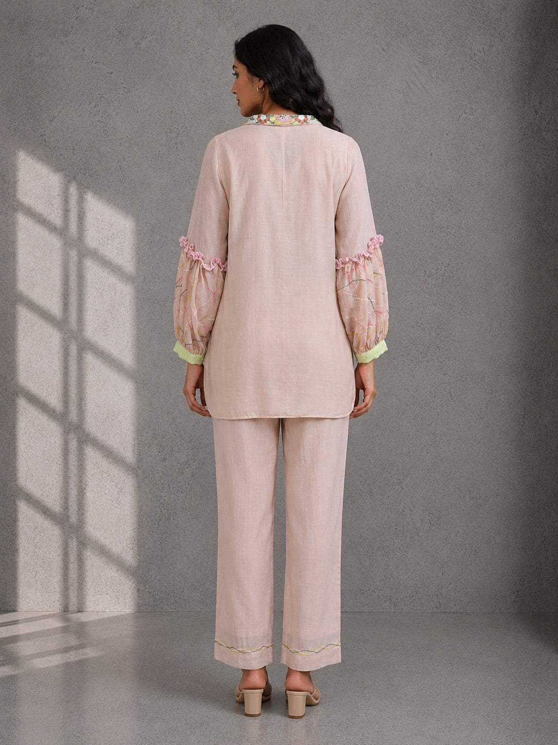 Peach Nude Embroidered Shirt & Pants Set