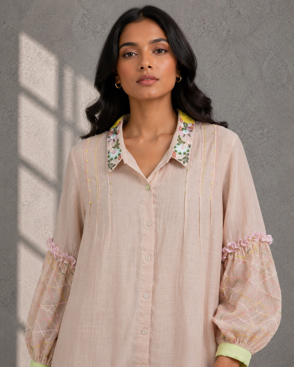 Peach Nude Embroidered Shirt & Pants Set