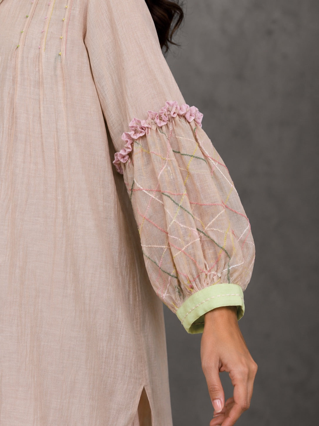 Peach Nude Embroidered Shirt & Pants Set