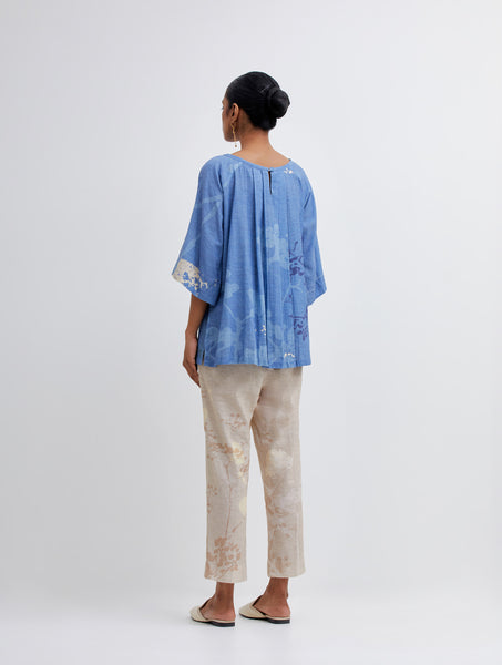 Foliage Blue Raglan Top and Beige Pant Set