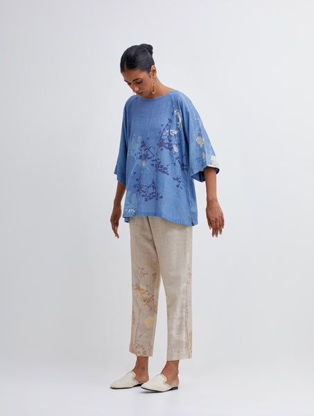 Foliage Blue Raglan Top and Beige Pant Set