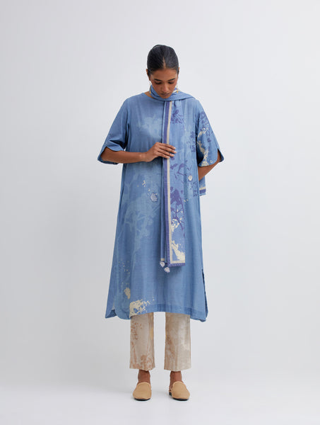 Foliage Blue Kurta , Beige Pant and stole set