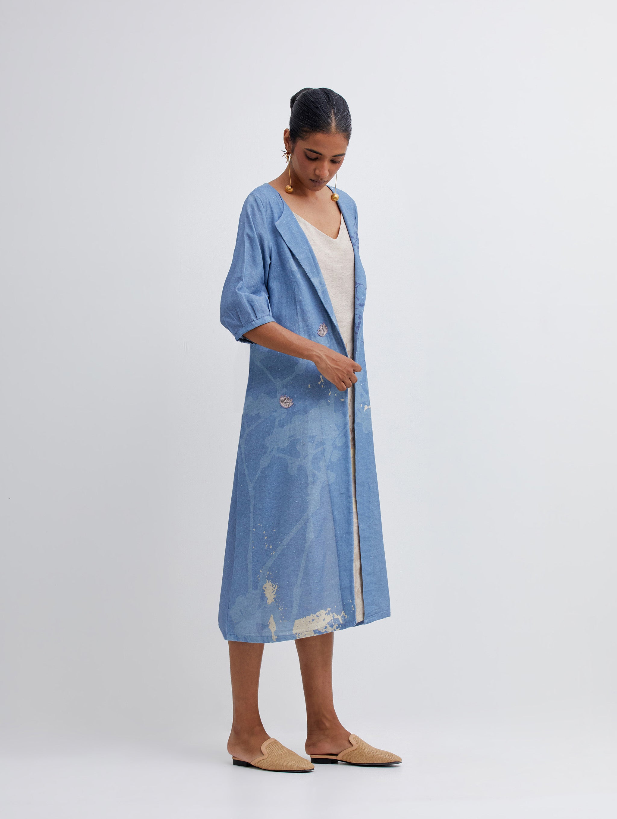 Foliage Blue Jacket with Beige Camisole Dress