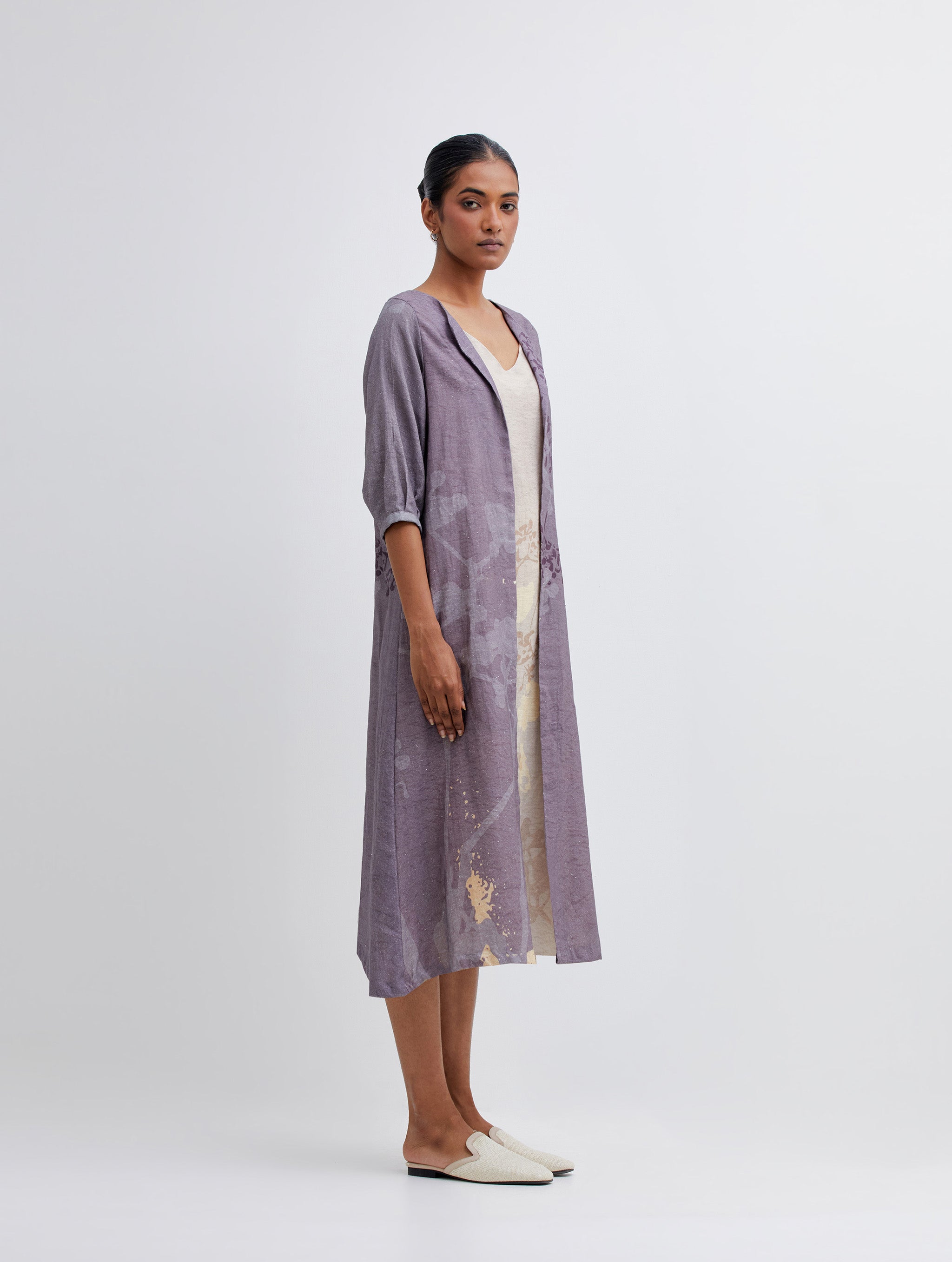 Foliage Purple Jacket with Beige Camisole Dress