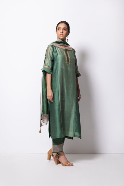 Beryl Green Chanderi Silk - Panelled Straight Kurta Set