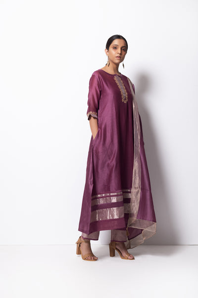 Plum Pink Chanderi Silk - A-line Kurta Set